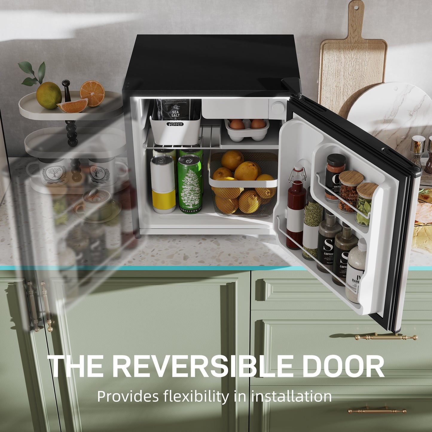 HOMCOM 46 Litre Table Top Mini Fridge with Ice Box Reversible Door Adjustable Temperature and Legs Silver Tone