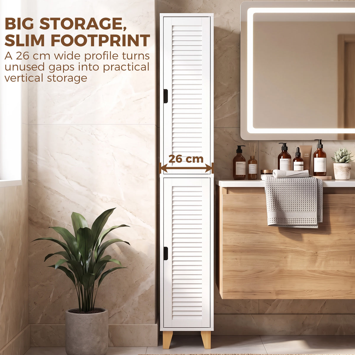 Tall White Bathroom Cabinet With Louvered Doors And Adjustable Shelf Storage