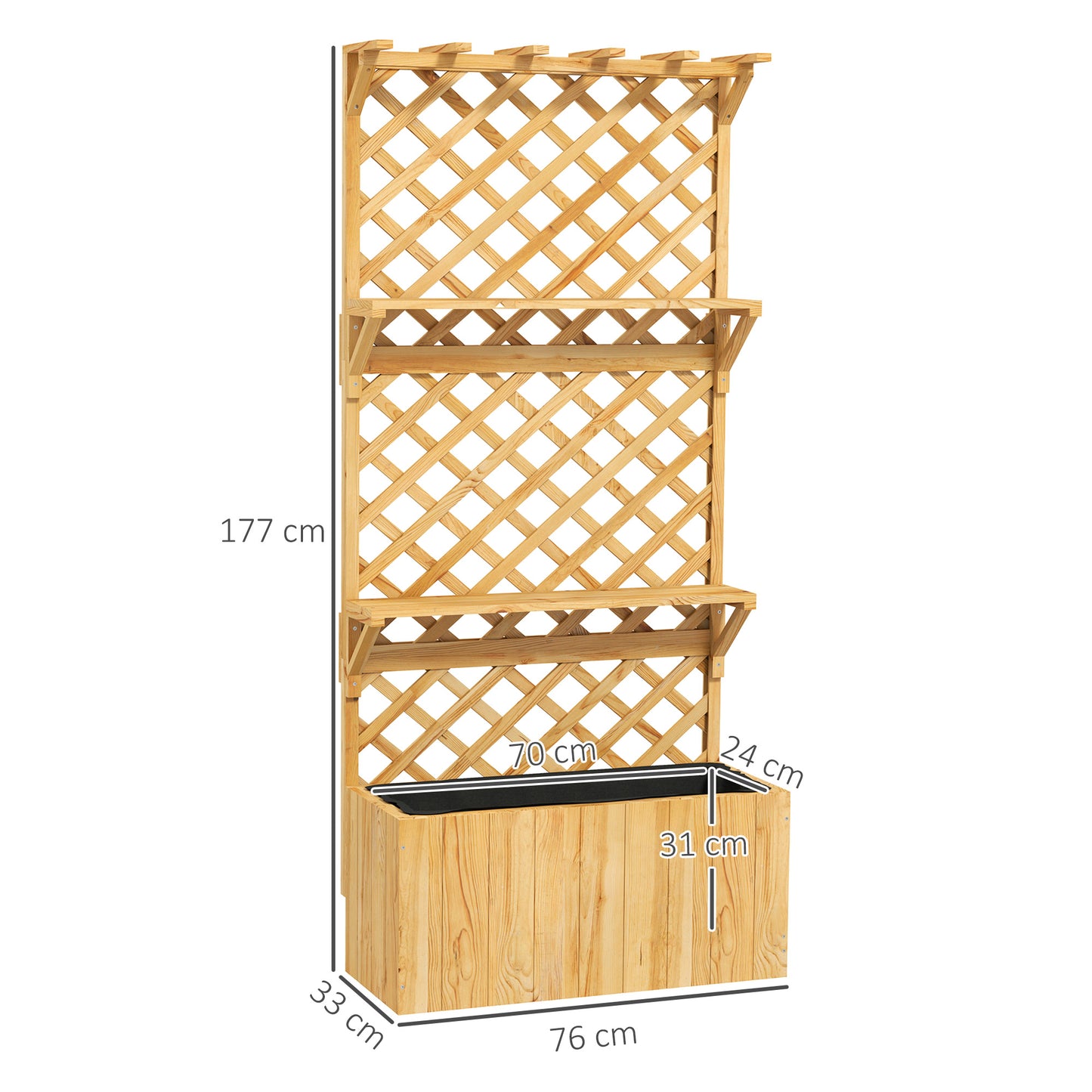 Outsunny 52L Wooden Planter With Trellis And Shelves For Outdoor Gardens Natural Finish