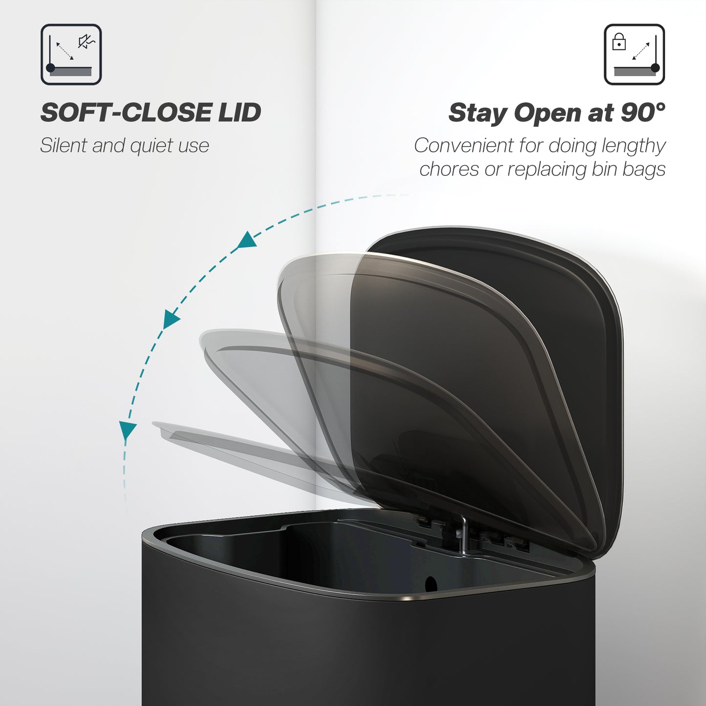 HOMCOM 50L Stainless Steel Kitchen Bin With Soft Close Lid Stay Open Pedal Bin Removable Inner Bucket Carry Handle Black