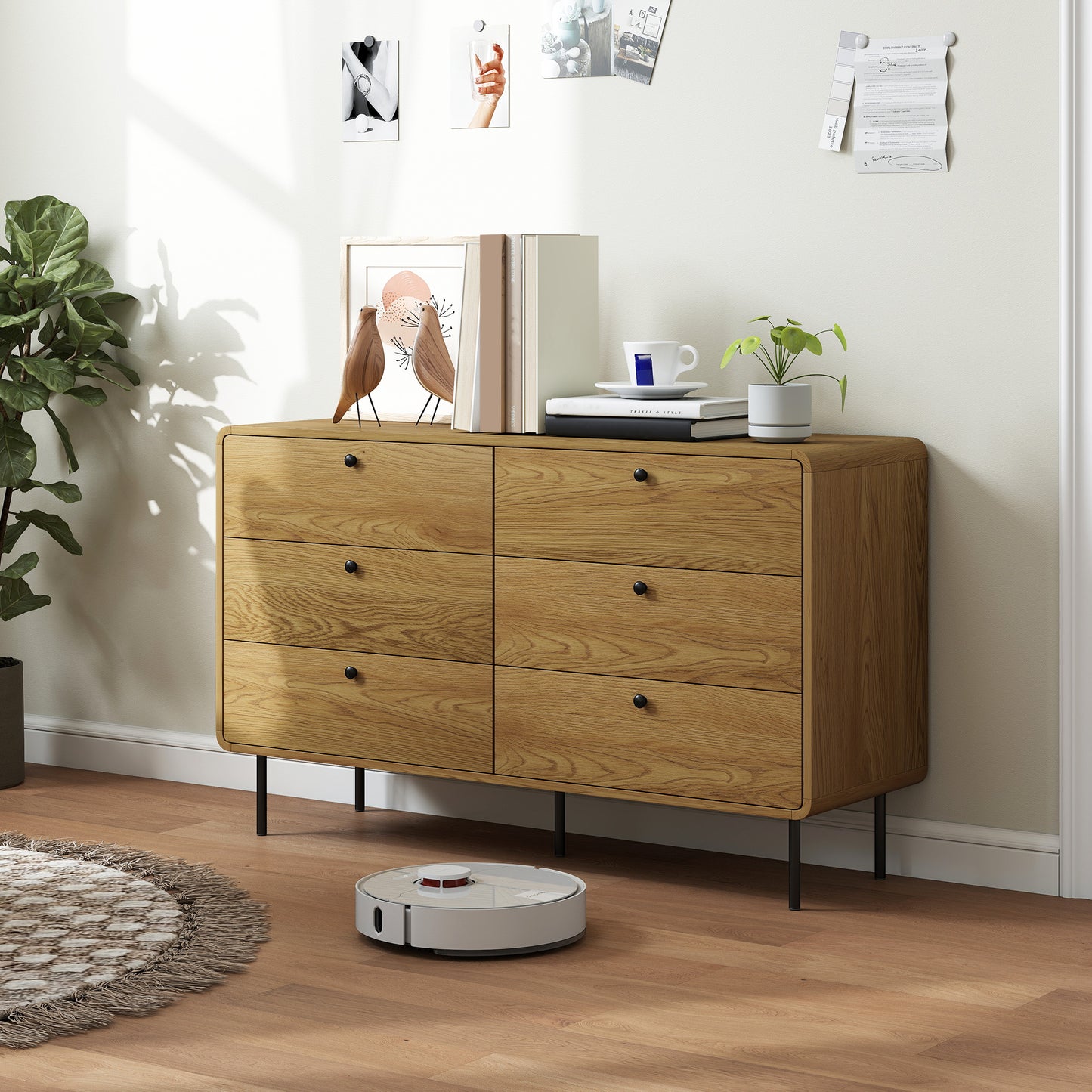 HOMCOM Chest of Drawers Six Drawer Dresser Oak Finish Modern Rounded Edges Safe Family Furniture