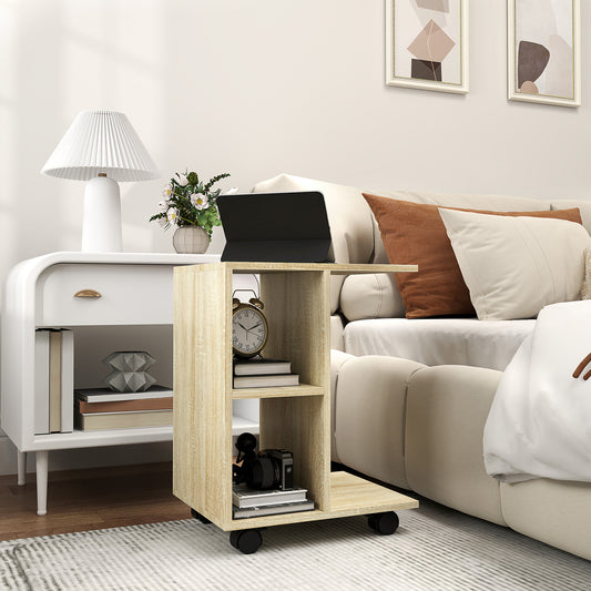HOMCOM C Shape End Table with Two Shelves and Four Wheels Freestanding Home Office Storage Cabinet Natural Finish