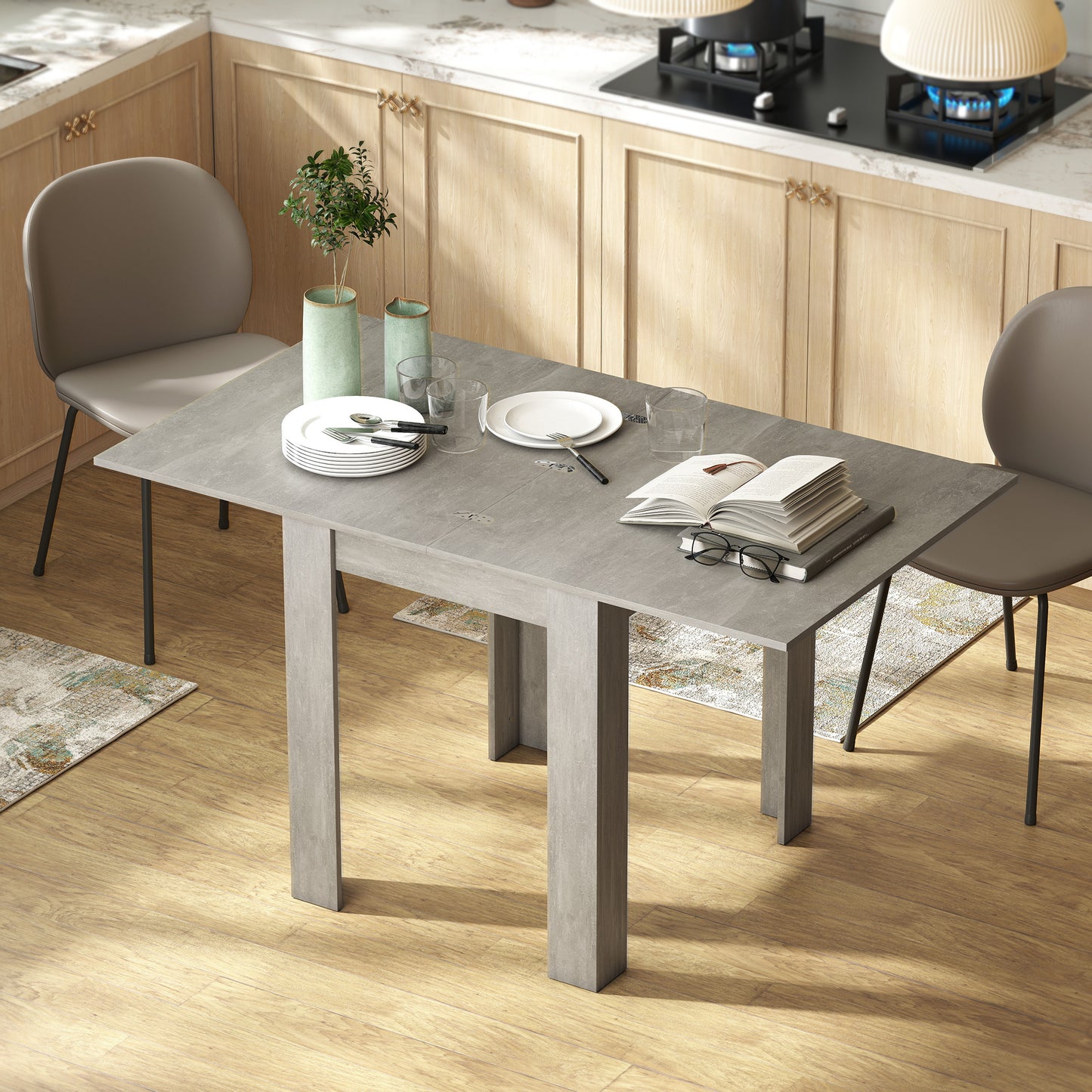 HOMCOM Extendable Folding Dining Table for 4 to 6 Guests, Rectangular Drop Leaf, 140 x 80 x 77.5 cm, Grey
