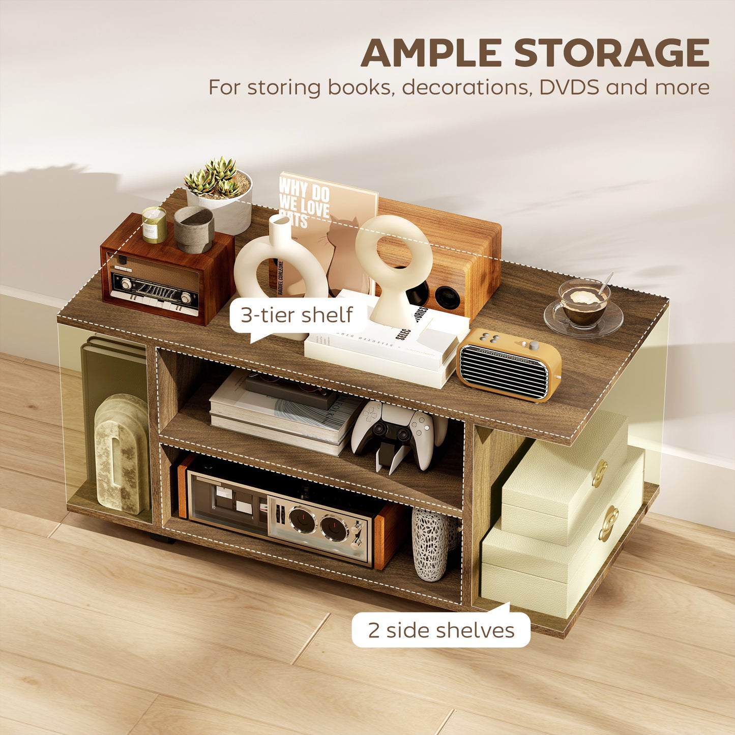 HOMCOM Modern TV Cabinet Stand With Storage Shelves Mobile Bookcase Walnut Casters