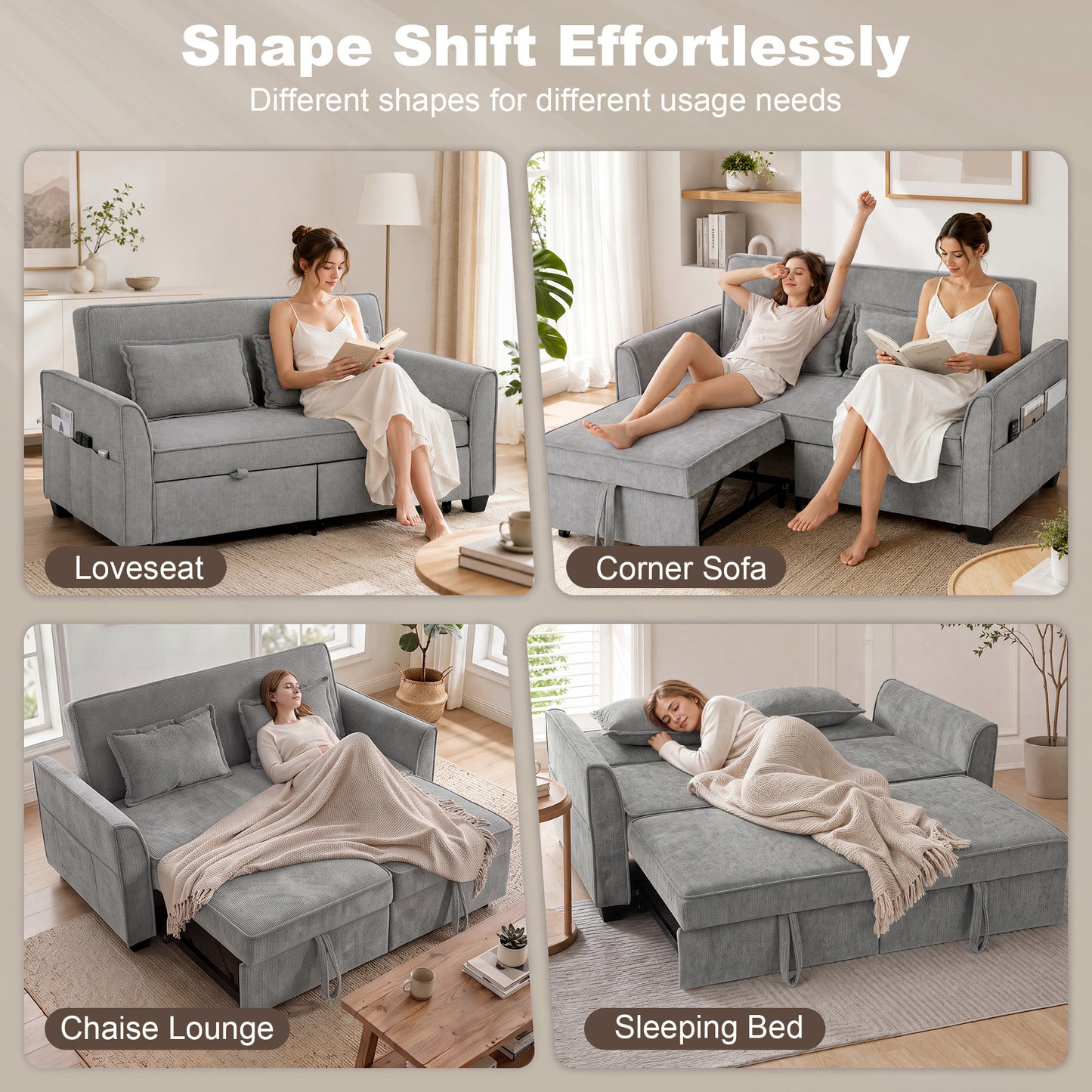 HOMCOM 2 Seater Sofa Bed 4 In 1 L Shaped Convertible Pull Out Sleeper With Adjustable Backrest And Side Pockets Grey