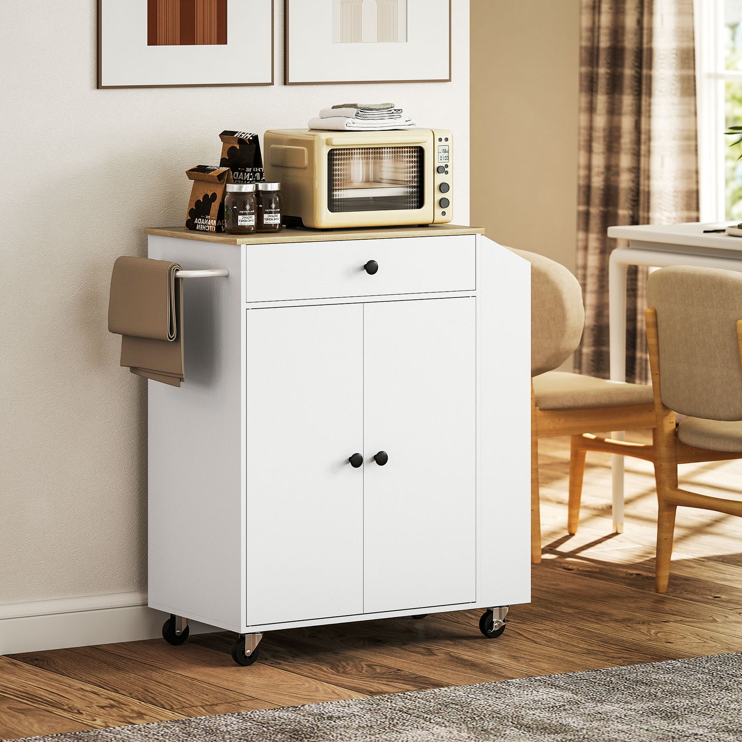 HOMCOM Rolling Kitchen Island With 3 Tier Spice Rack And Drawer Towel Rack White
