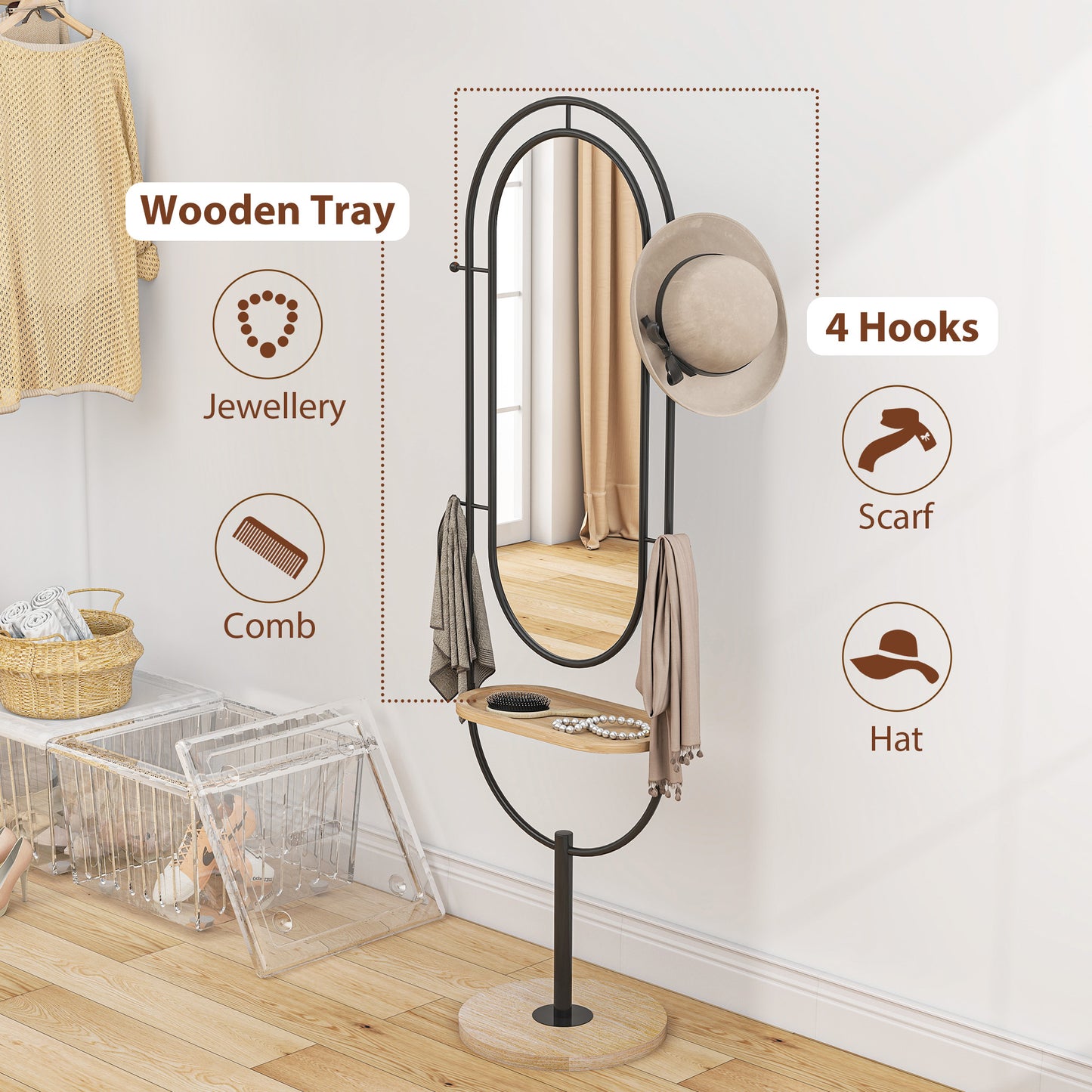 HOMCOM Dual Oval Full Length Mirror With Wooden Tray And Four Hooks Black Finish For Bedroom Or Hallway