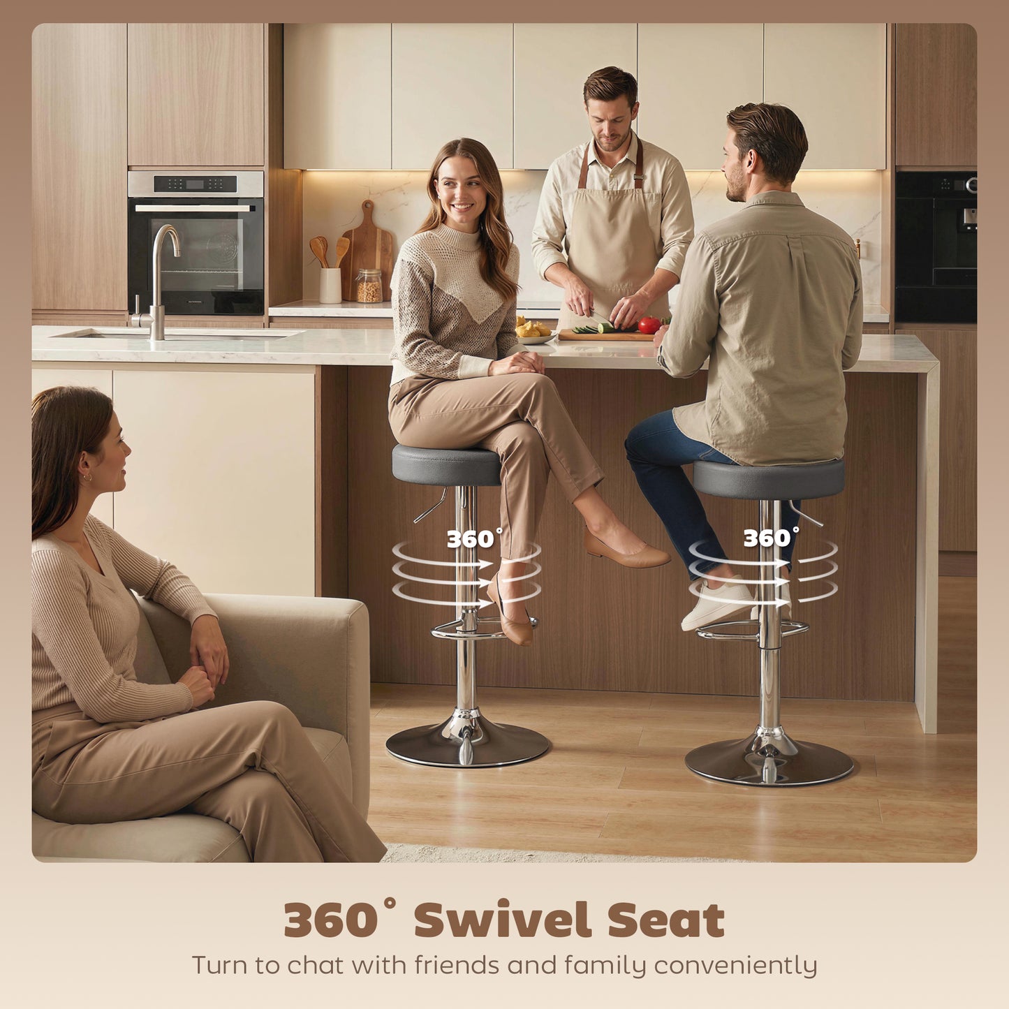 HOMCOM Bar Stools Set Of 2 Modern PU Leather Swivel Height Adjustable Breakfast Bar Chairs With Footrest Grey