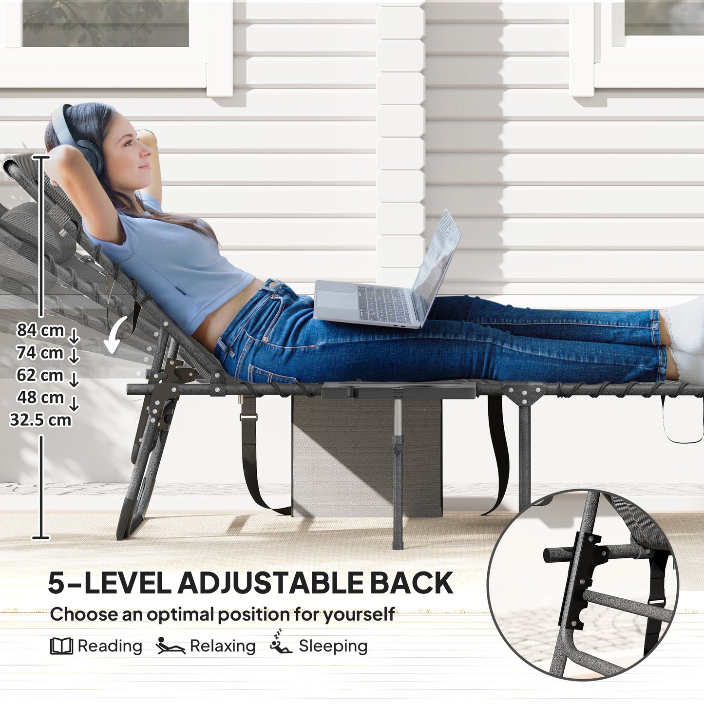 Outsunny Five Position Reclining Sun Lounger Grey With Removable Pillow Durable Steel Frame Outdoor Patio