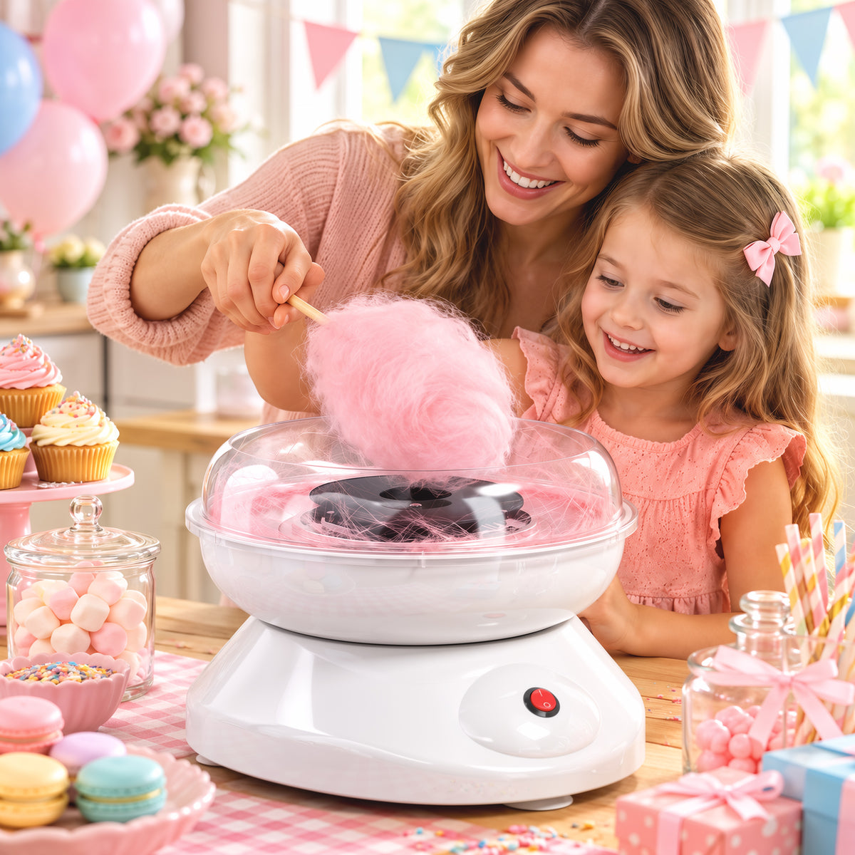 Electric cotton candy maker with clear bowl producing pink cotton candy for children