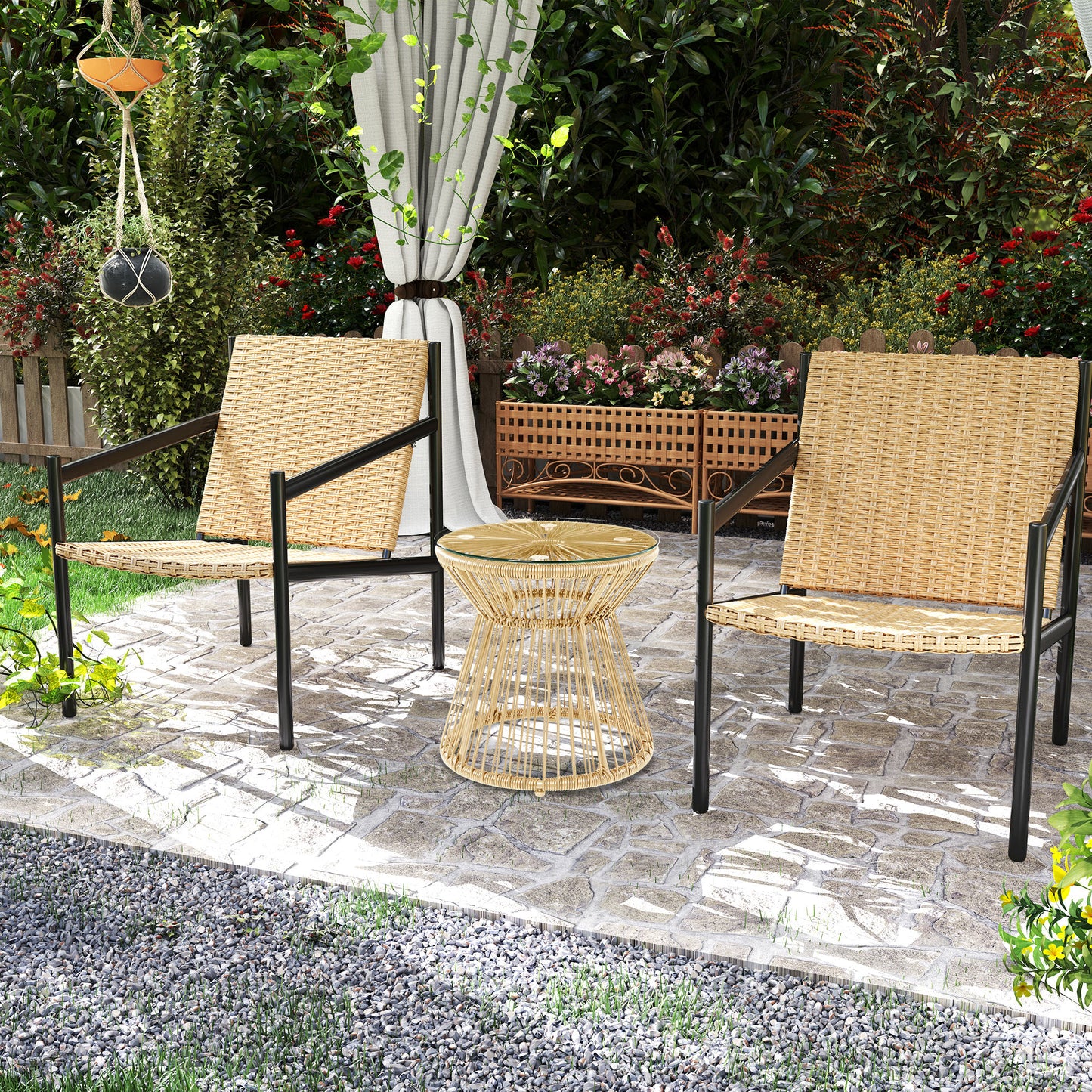 Outsunny Round End Table Rattan Side Table Hollow Drum Design With Glass Tabletop For Patio Garden Balcony Natural