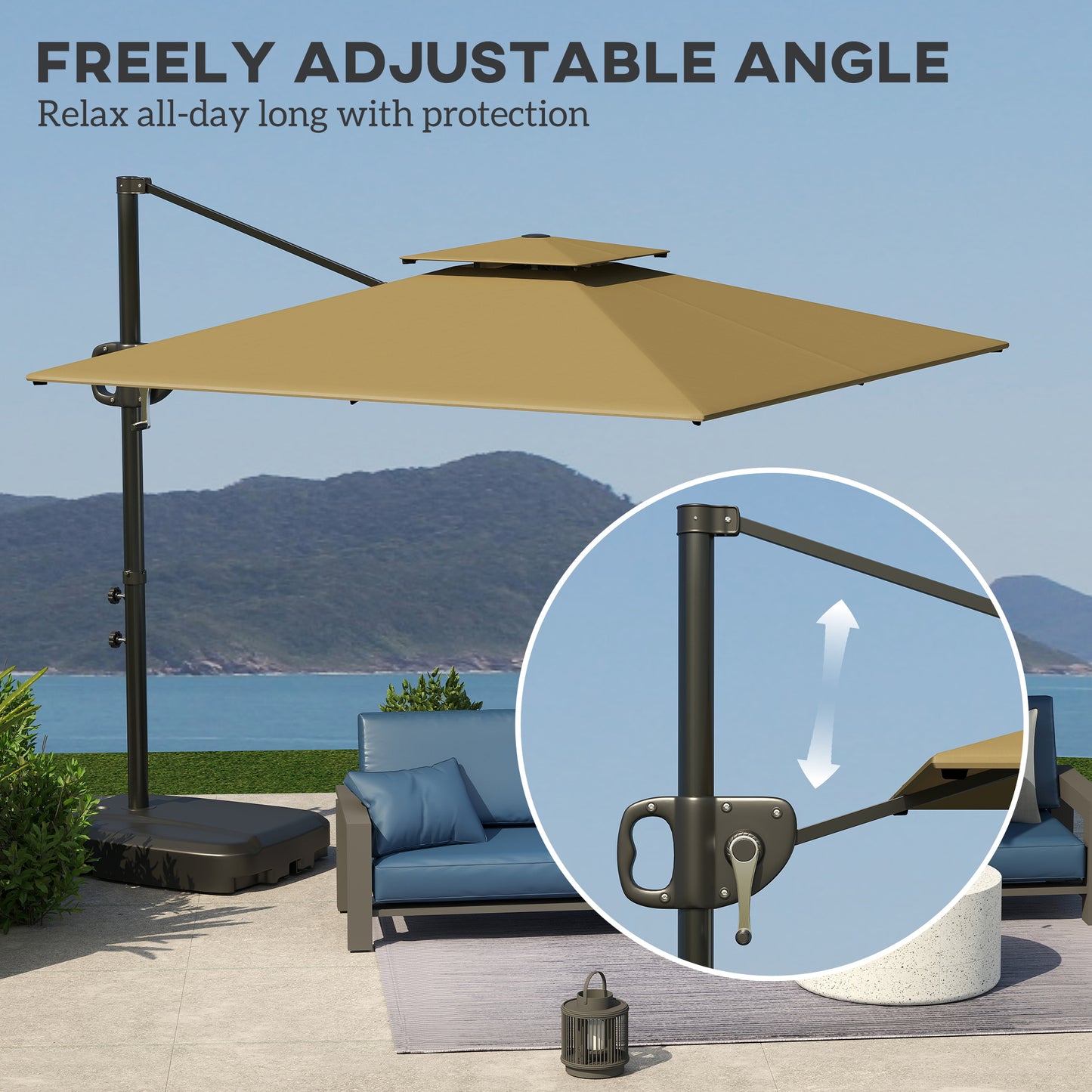 Outsunny Cantilever Parasol With Weighted Base And Crank Tilt For Garden Patio UV Protection Khaki