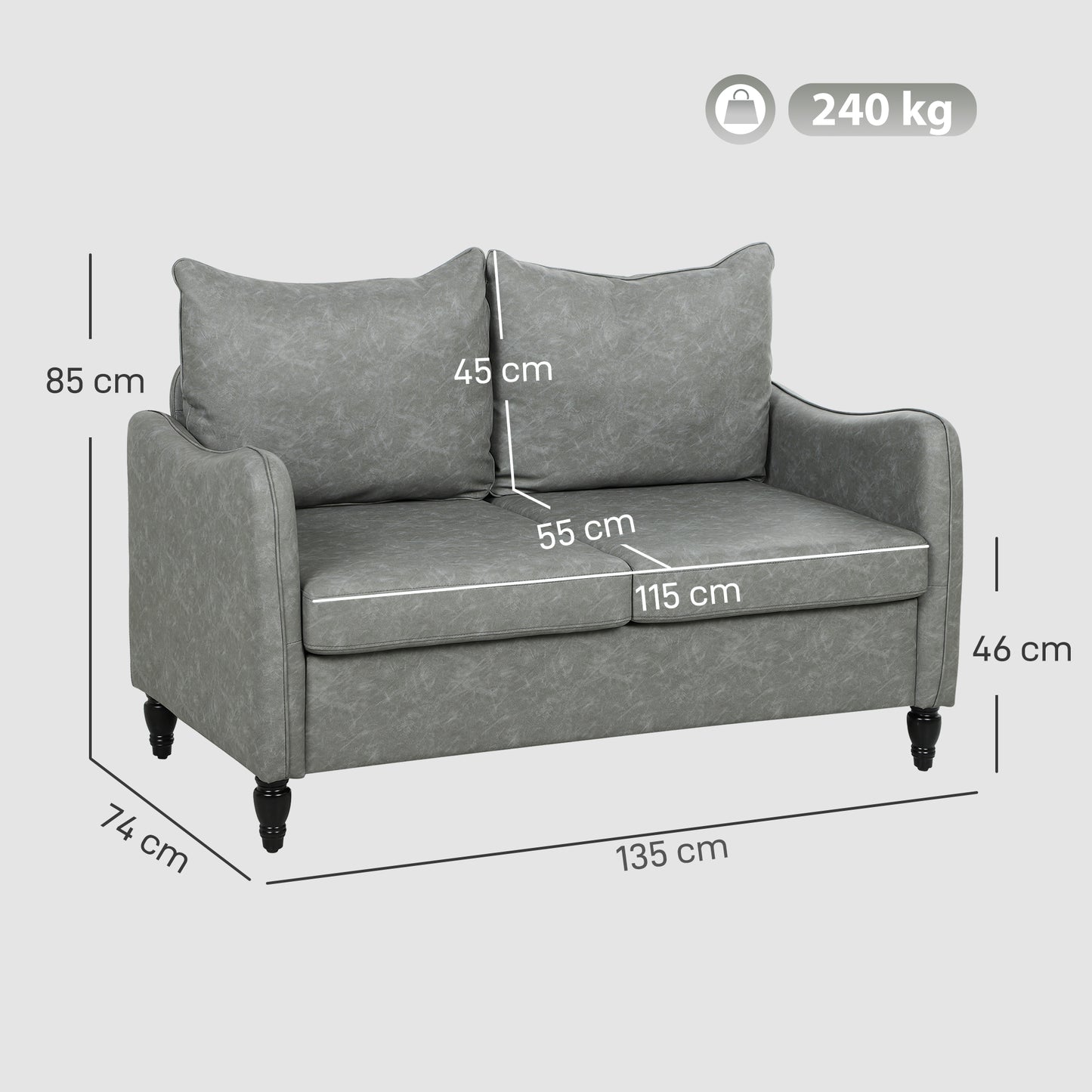 HOMCOM Faux Leather Marble Effect Two Seater Sofa Grey With Thick Padded Upholstery For Living Room And Bedroom