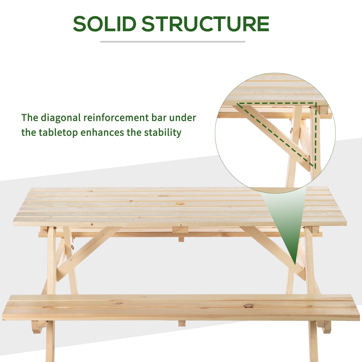 Outsunny 6 Seater Wooden Picnic Table Bench With Parasol Cutout 150 Cm Natural Wood Finish Outdoor Garden Patio