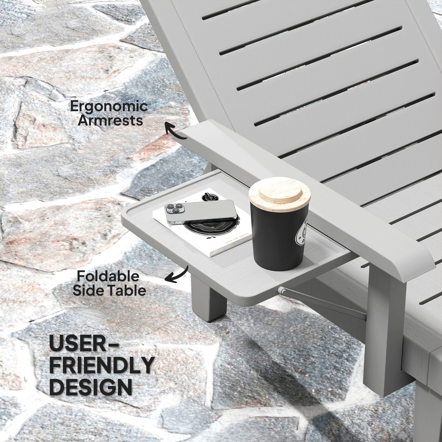 Outsunny Set Of 2 Resin Sun Loungers For Garden 5 Position Adjustable With WoodTexture Foldable Side Table Light Grey