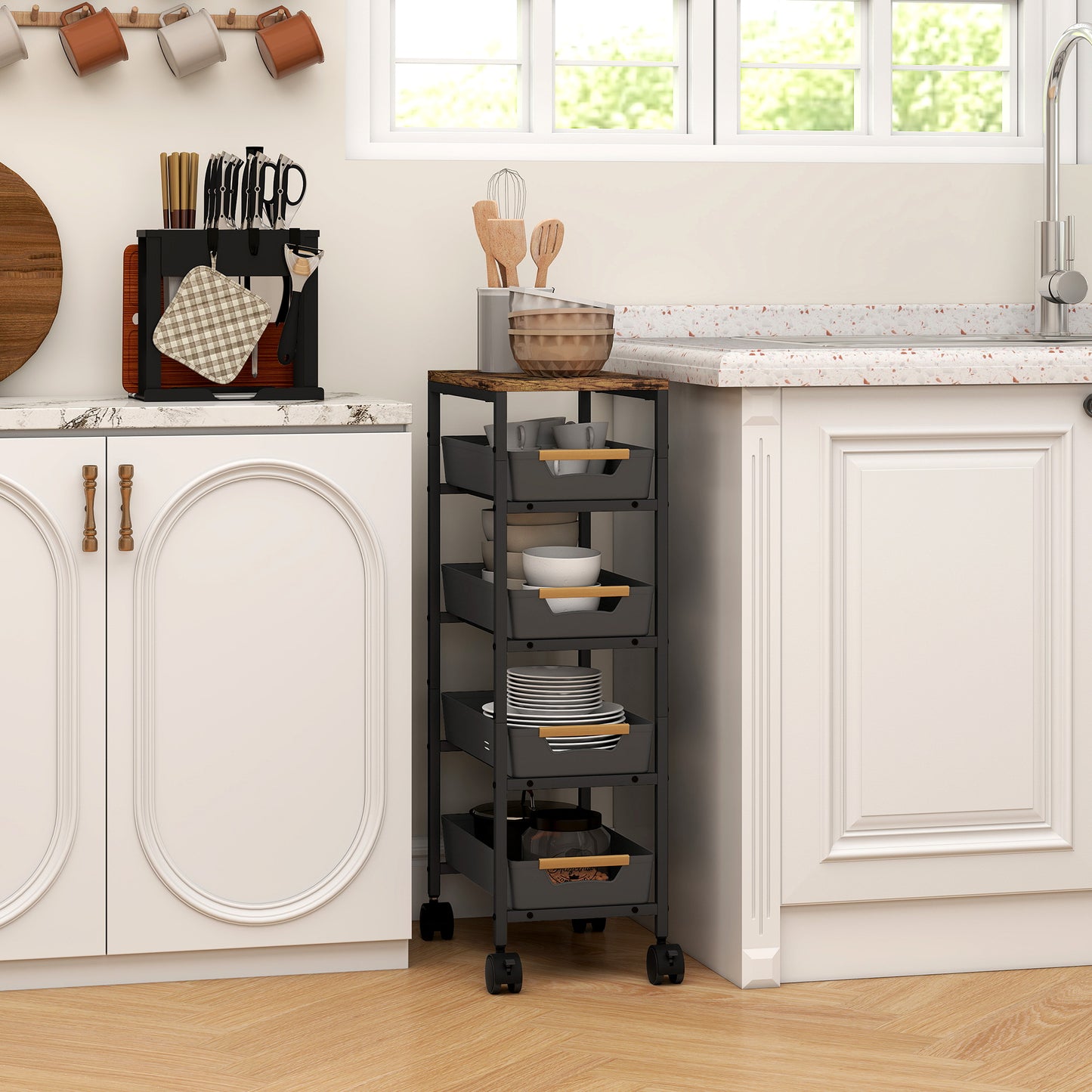 HOMCOM 5 Tier Storage Trolley On Wheels Black With Wood Effect Top Kitchen Cart For Small Spaces