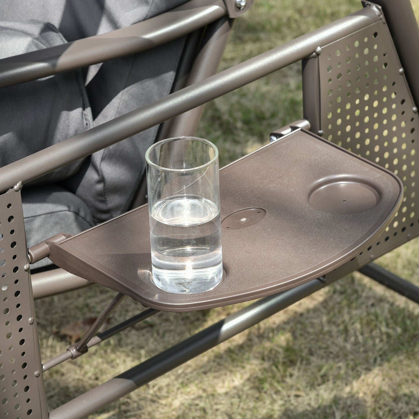 Outsunny Three Seater Garden Swing Chair With Adjustable Canopy Cushions Cup Trays Brown Steel Frame Dark Grey Fabric