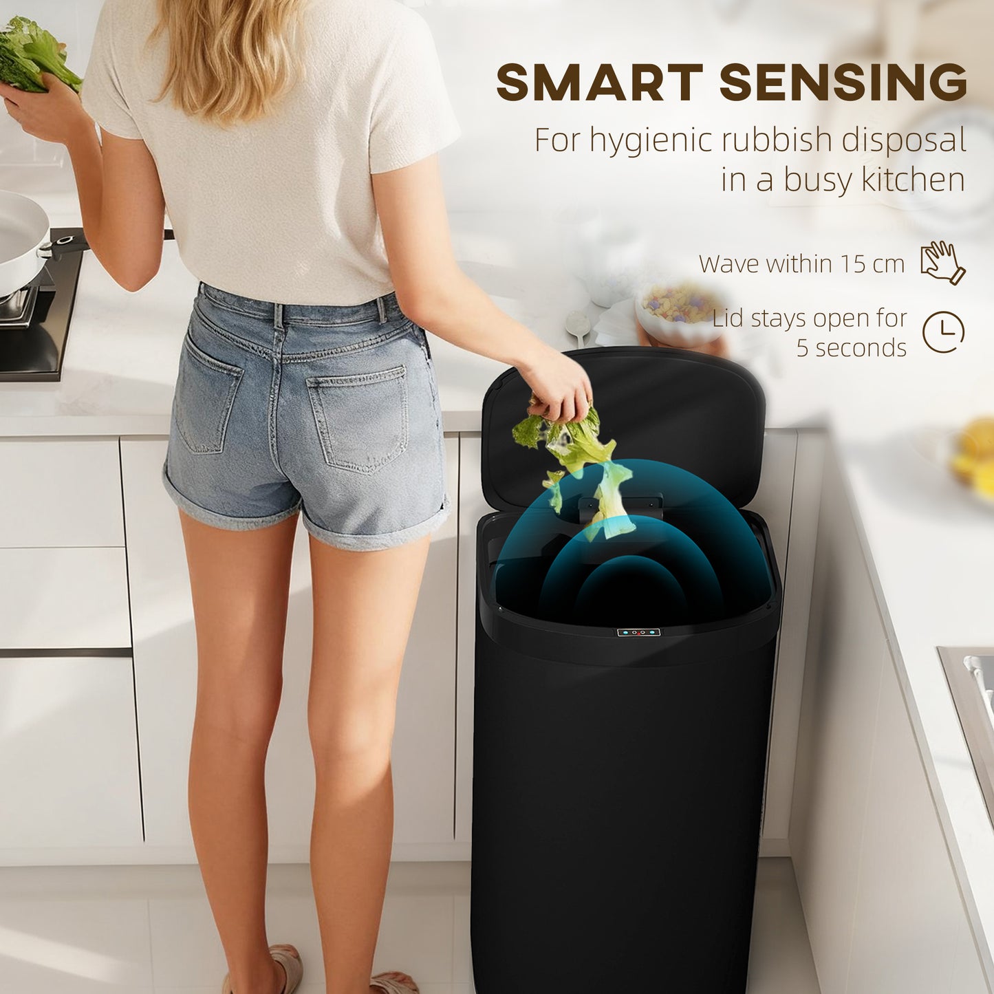 HOMCOM 55L Sensor Bin With Soft Close Lid Touchless Motion Sensor Fingerprint Resistant Stainless Steel Black