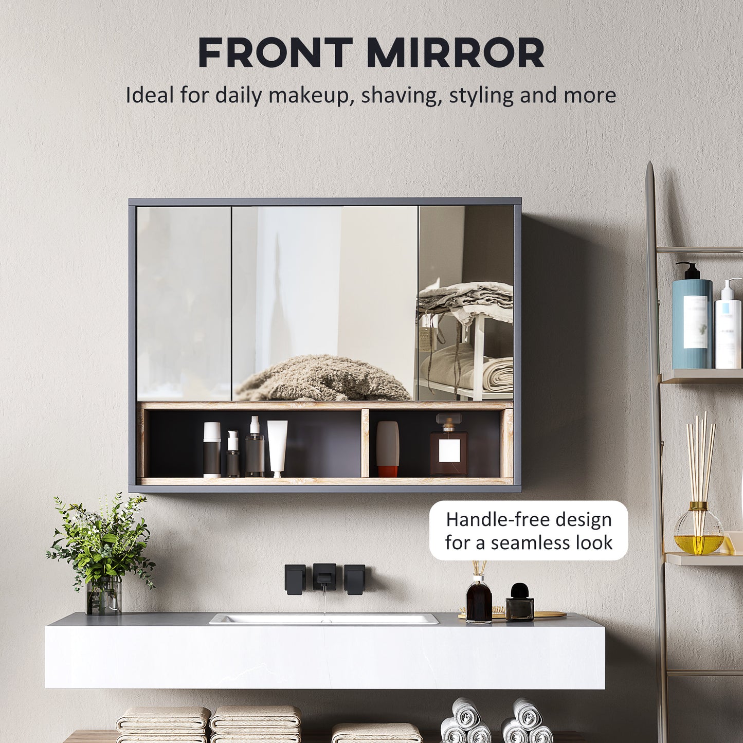 HOMCOM Wall Mounted Bathroom Mirror Cabinet With 3 Doors And Cupboards In Grey Modern Bathroom Storage Organizer