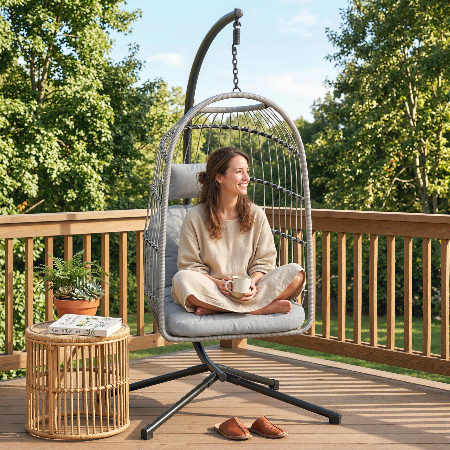 Outsunny Hanging Egg Chair With Stand Indoor Outdoor Hammock Swing Chair Safety Strap Foldable Basket Light Grey