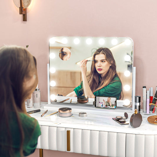 HOMCOM Illuminated Hollywood Style Vanity Mirror with USB Charging, 14 LED Bulbs, 3 Lighting Modes, and 10X Magnification - ALL4U RETAILER LTD