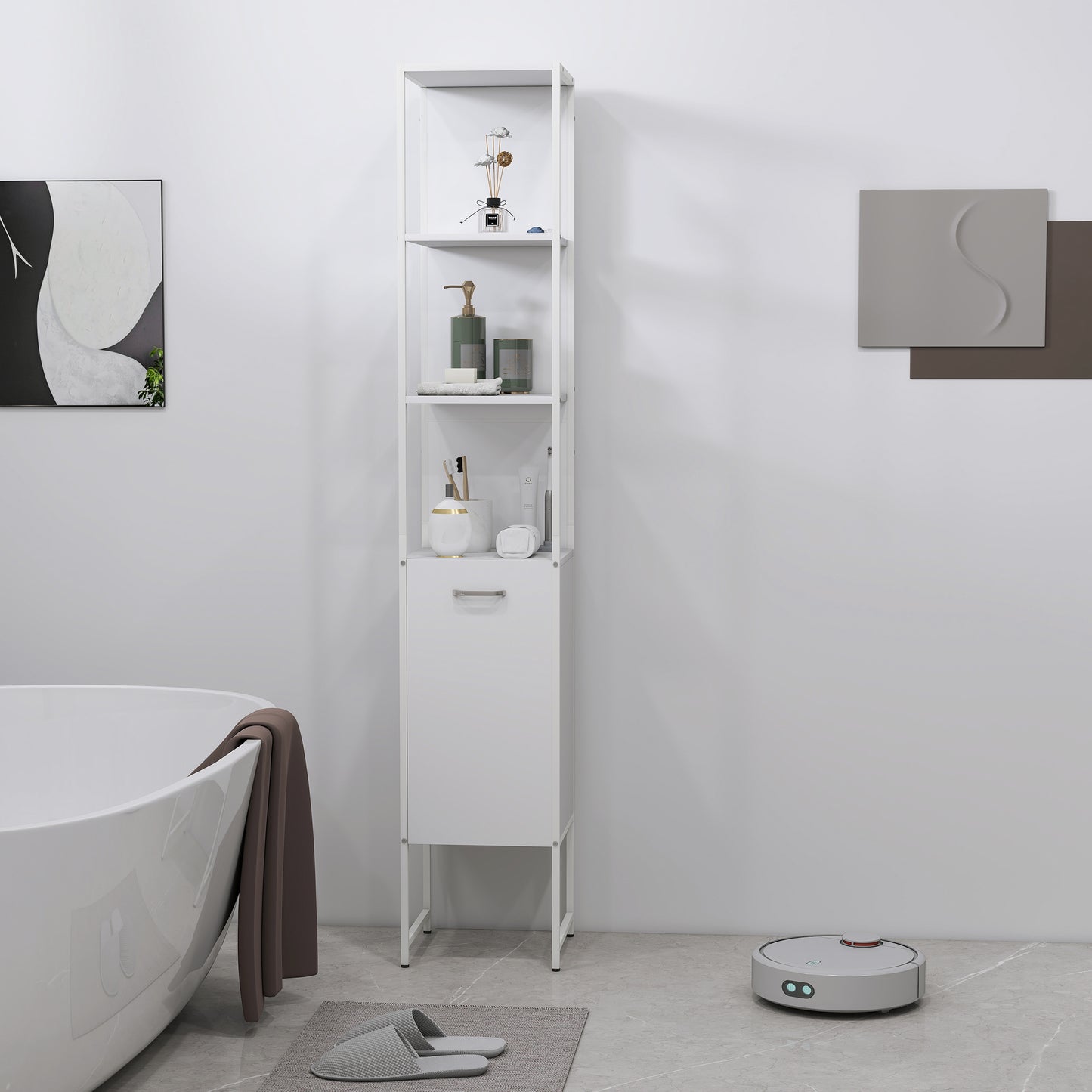 HOMCOM Tall Slim Bathroom Cabinet With Open Shelves And Closed Compartments White Five Level Adjustable Shelf