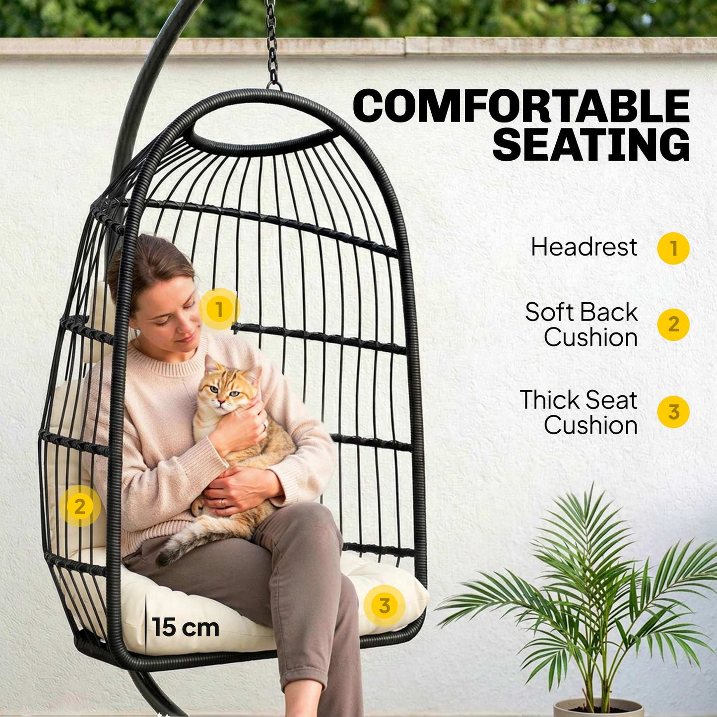 Outsunny Hanging Egg Chair With Stand For Indoor Outdoor Use Height Adjustable Cushioned Back Black Cream White