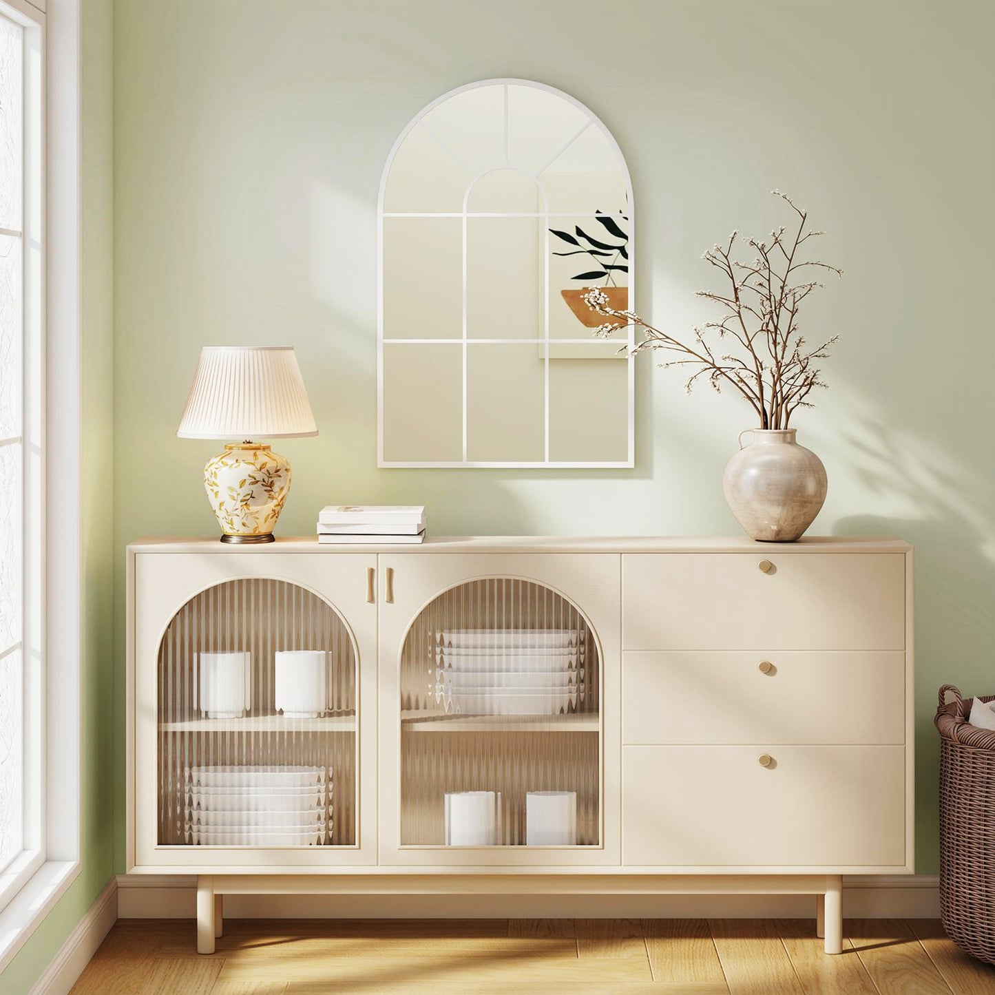 HOMCOM 90 x 61 cm Arched Grid Mirror White Wall Mounted With Metal Frame And Hooks