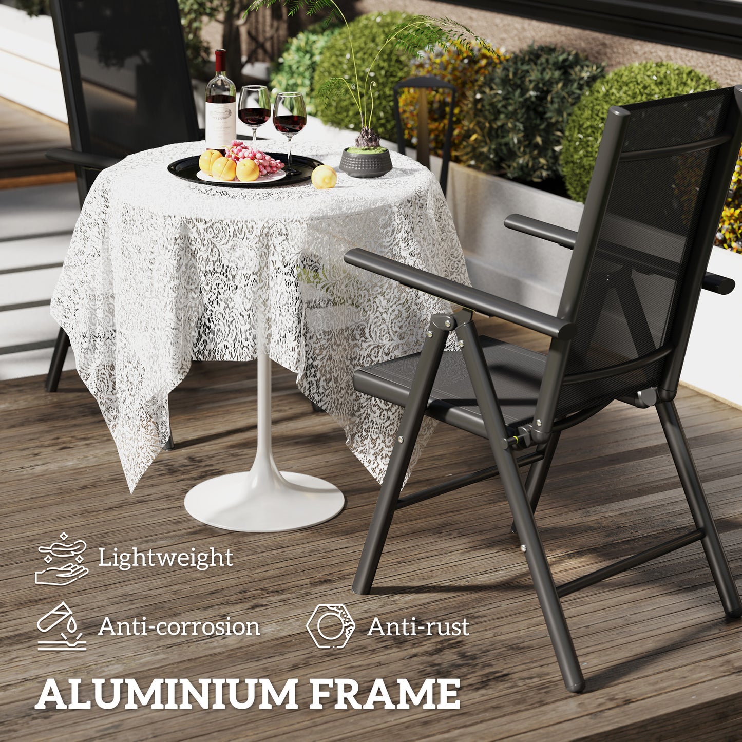 Outsunny Two Pack Folding Garden Chairs With Aluminum Frame And Breathable Mesh Seats For Outdoor Balcony Use Black