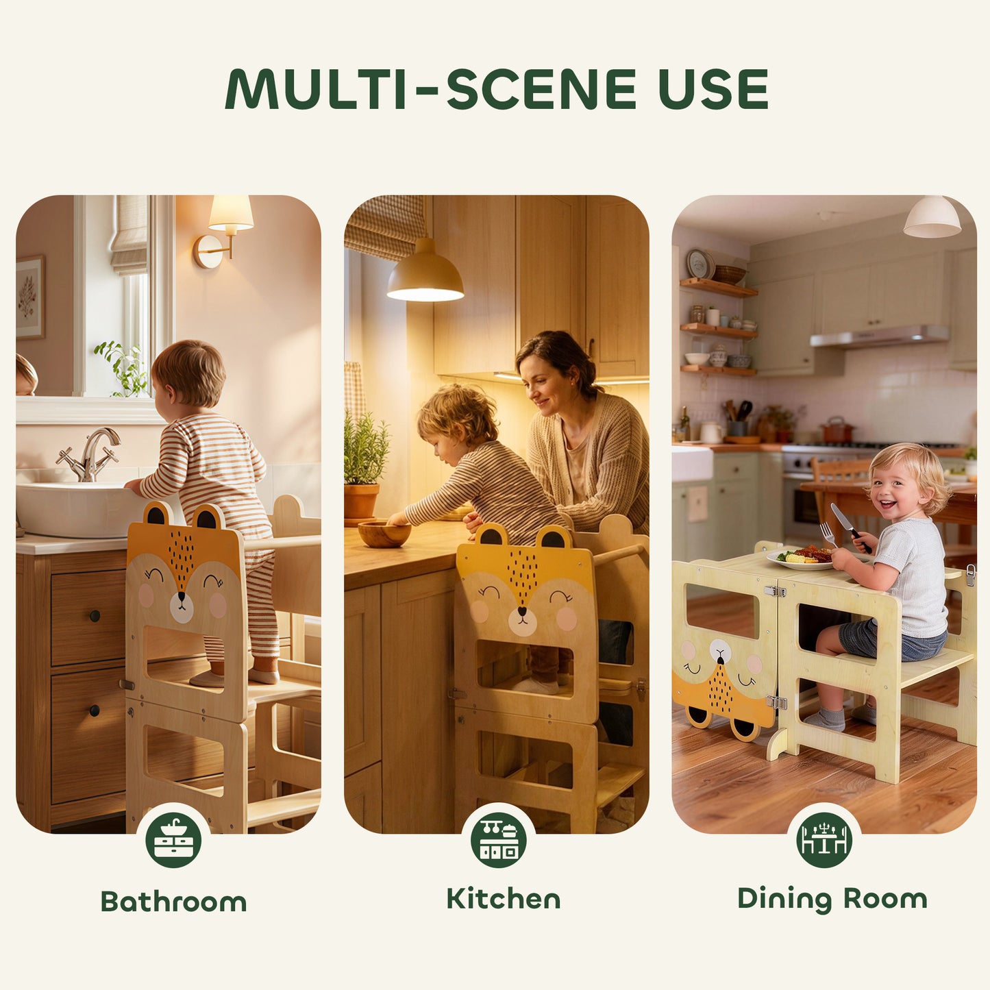 AIYAPLAY Toddler Step Stool Fox Shaped 3 in 1 Standing Tower with Chalkboard for Kitchen Counter Natural Wood