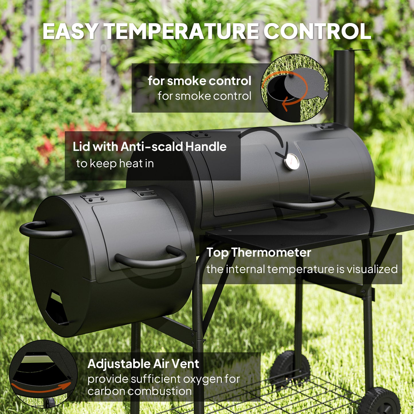 Outsunny Portable Charcoal Barbecue Grill With Offset Smoker 109 By 60 By 120 Cm Black Outdoor