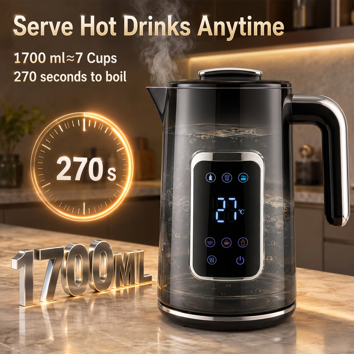 HOMCOM 1.7L Electric Kettle With Led Display Adjustable Temp Black