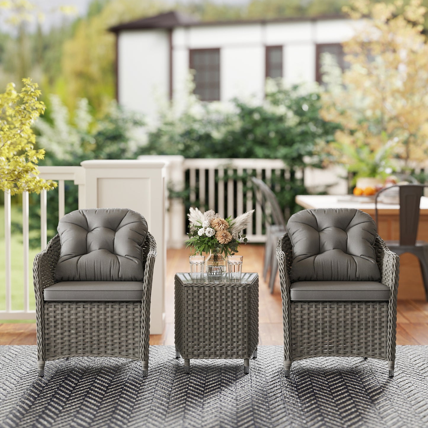 Outsunny Three Piece Super Padded Rattan Set Outdoor Patio Garden Table And Two Chairs Light Grey