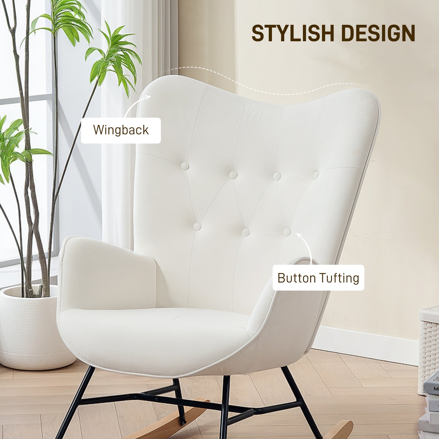 HOMCOM Velvet Rocking Chair Armchair With Solid Wood Legs And Metal Frame Cream Living Room Bedroom