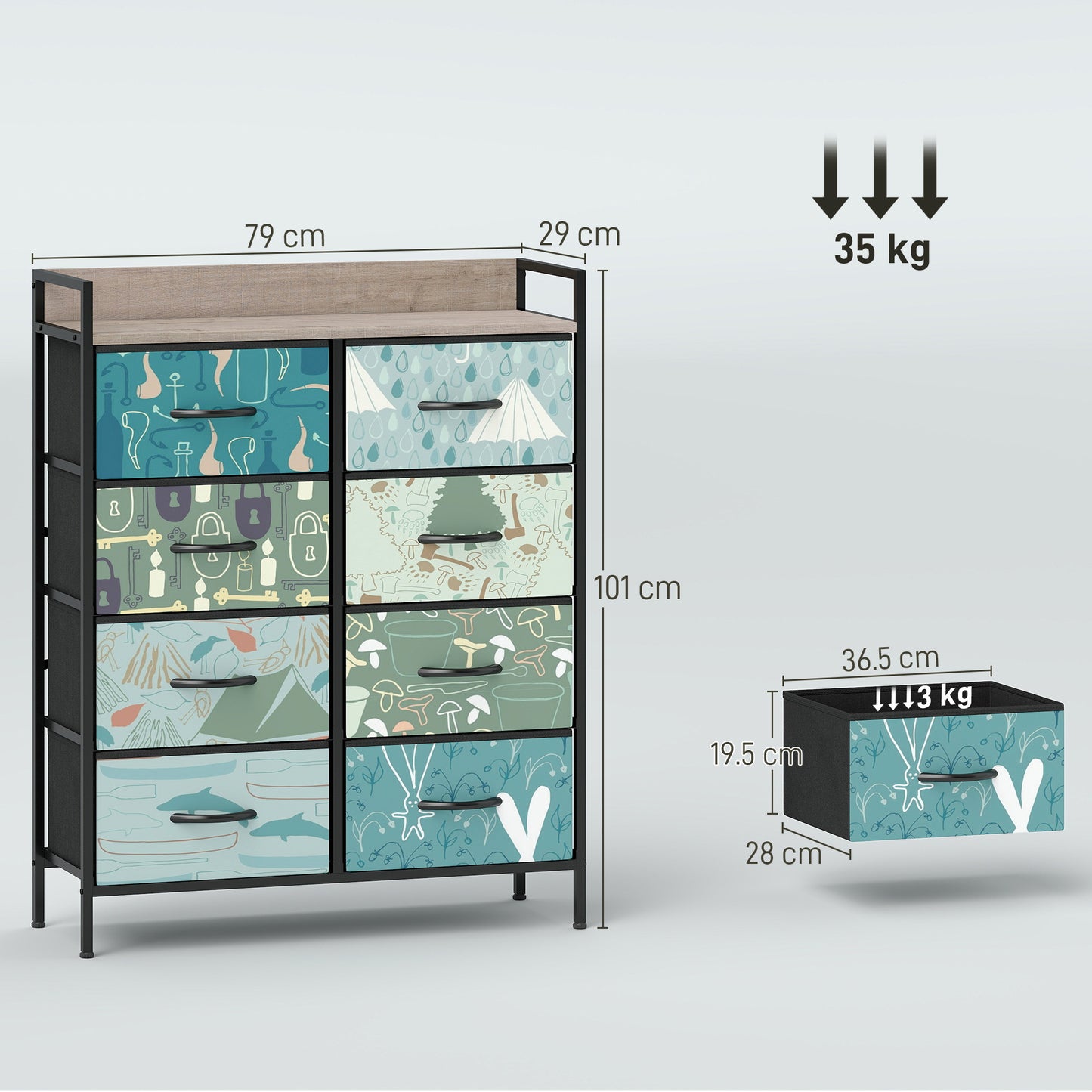 HOMCOM 8 Drawer Fabric Chest Of Drawers In Blue With Removable Foldable Drawers And Patterned Panels