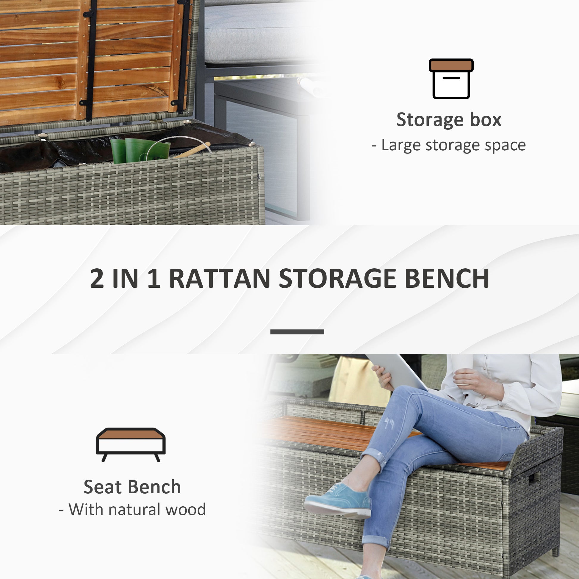 Outsunny Stylish Outdoor Wicker Storage Bench with Wooden Top - 176L Capacity Garden Bin in Mixed Grey - ALL4U RETAILER LTD