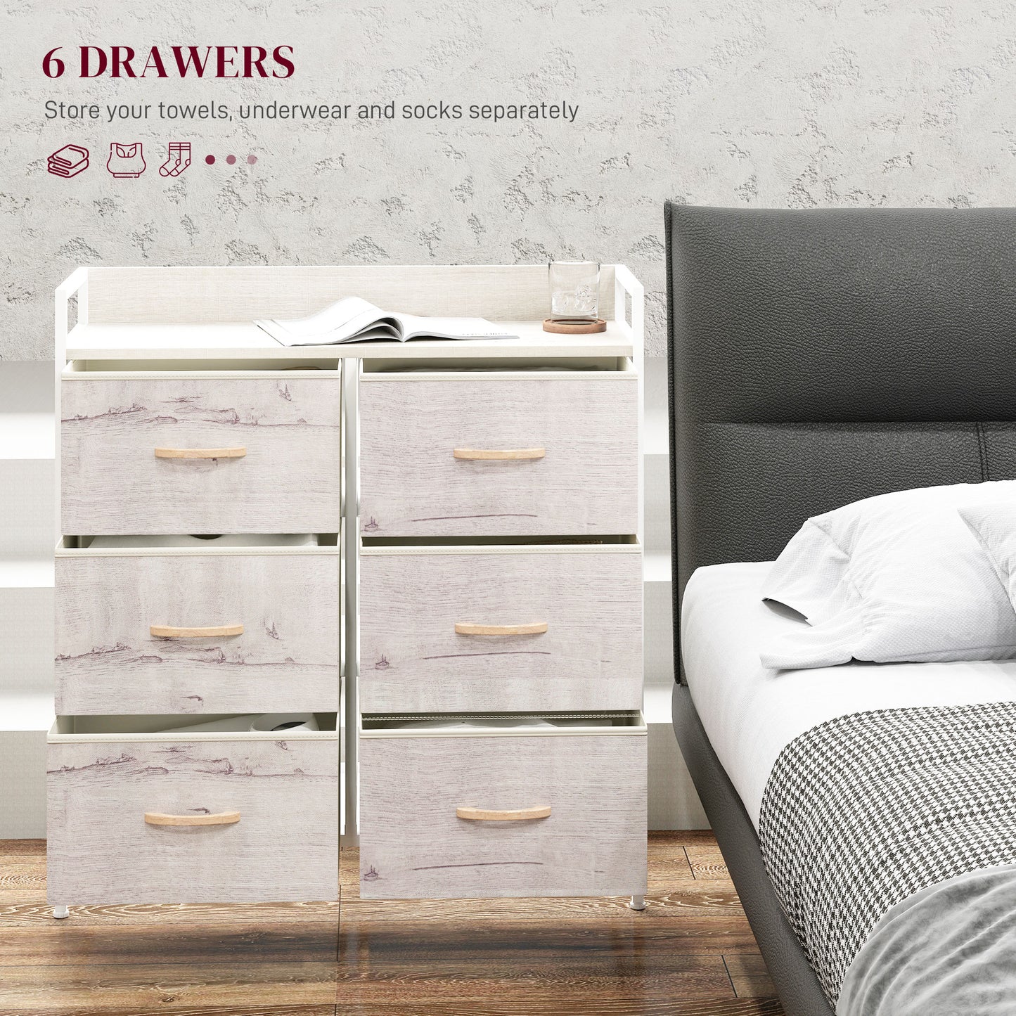 HOMCOM Rustic Six Fabric Drawer Chest Natural Finish For Bedroom Storage And Organization