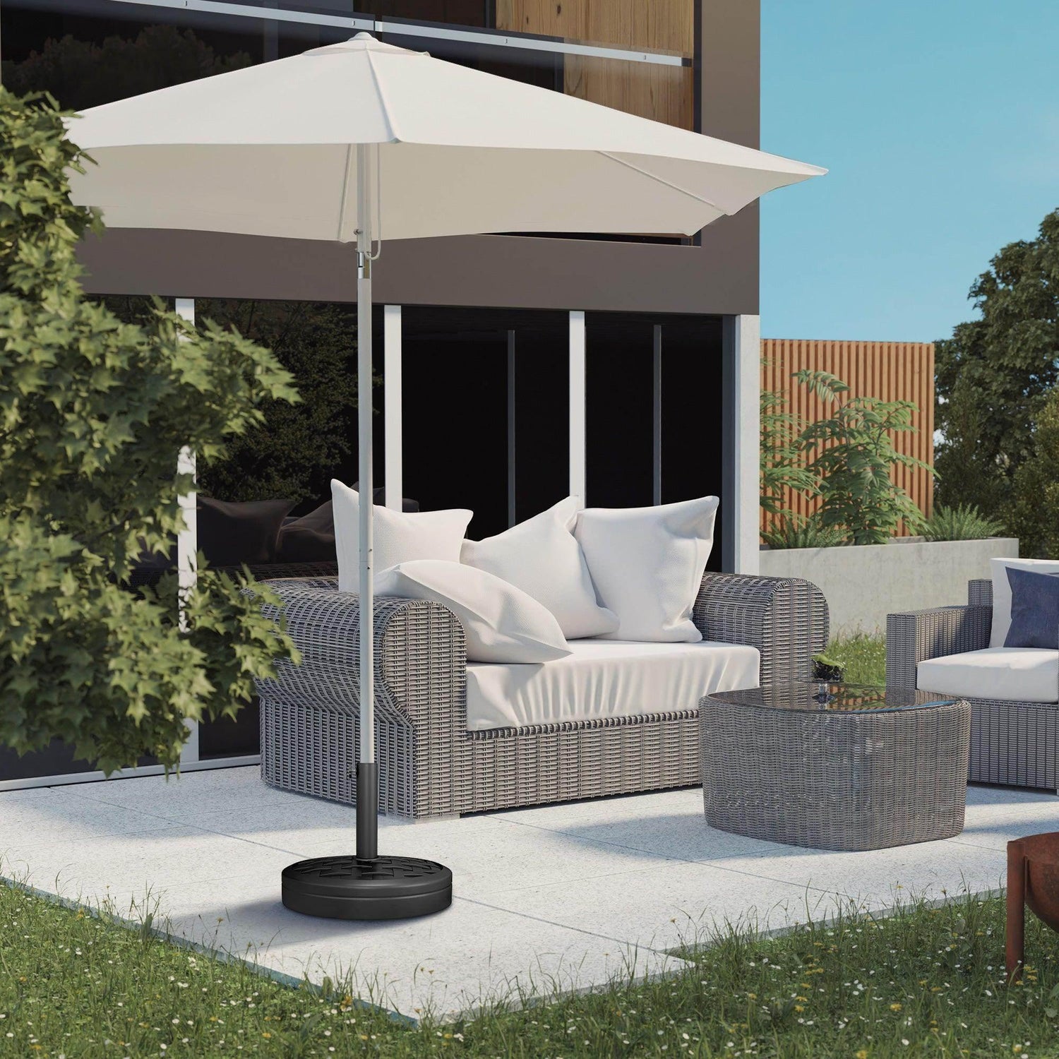 Outdoor umbrella parasol base with rattan-effect finish and vertical pole mount