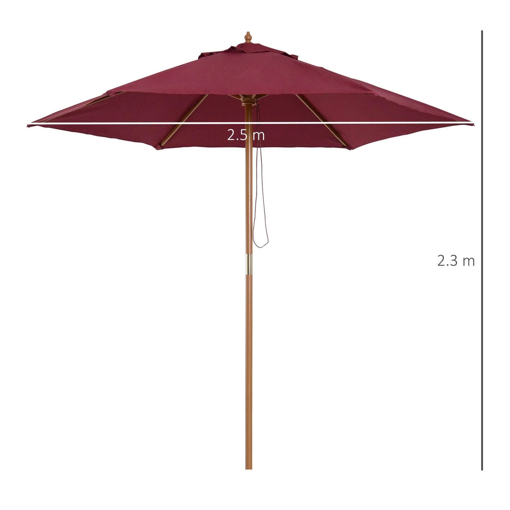 2.5m wooden garden parasol umbrella in red wine color, shown upright with height and width dimensions.