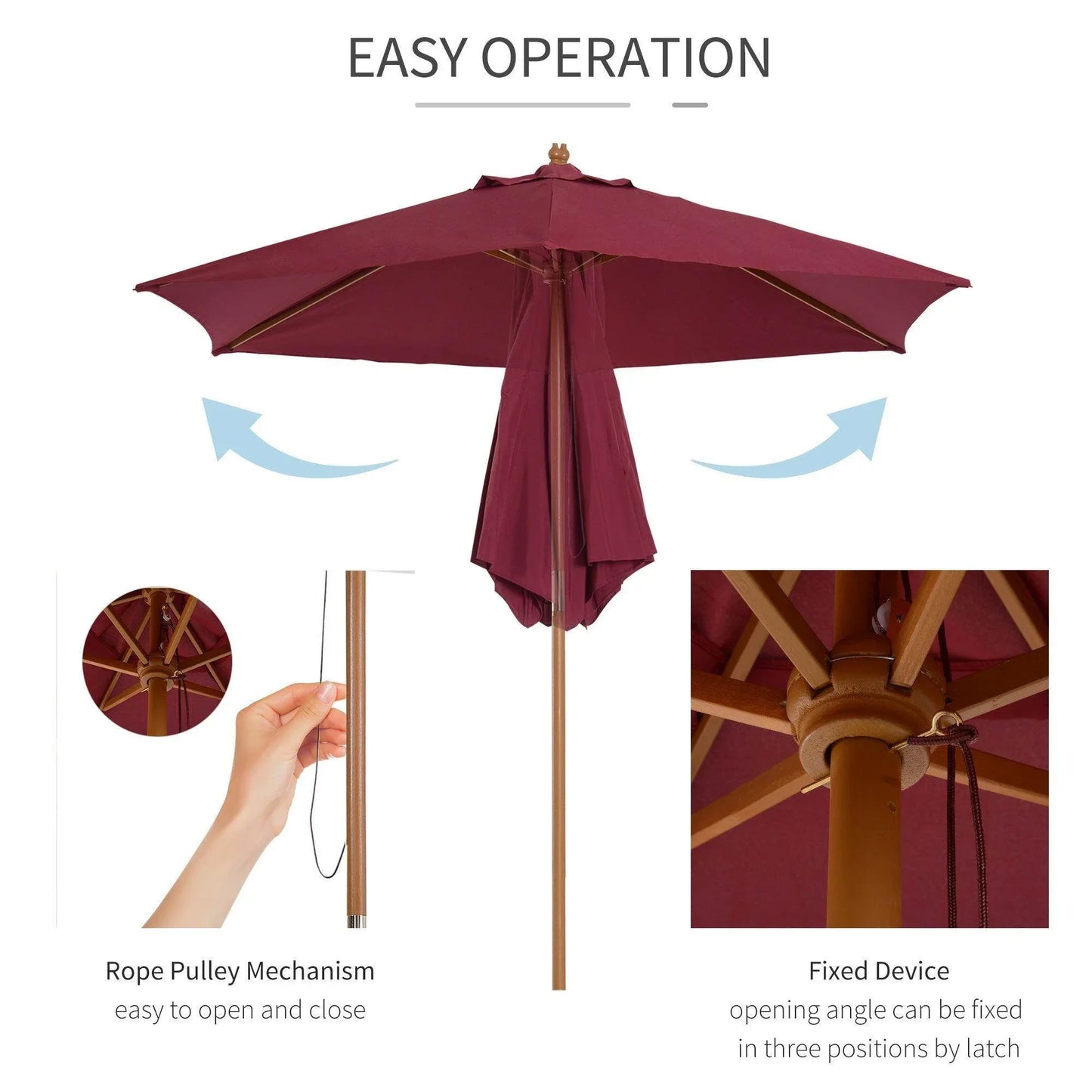 Red wine wooden garden parasol umbrella with rope pulley and latch, ALL4U RETAILER LTD