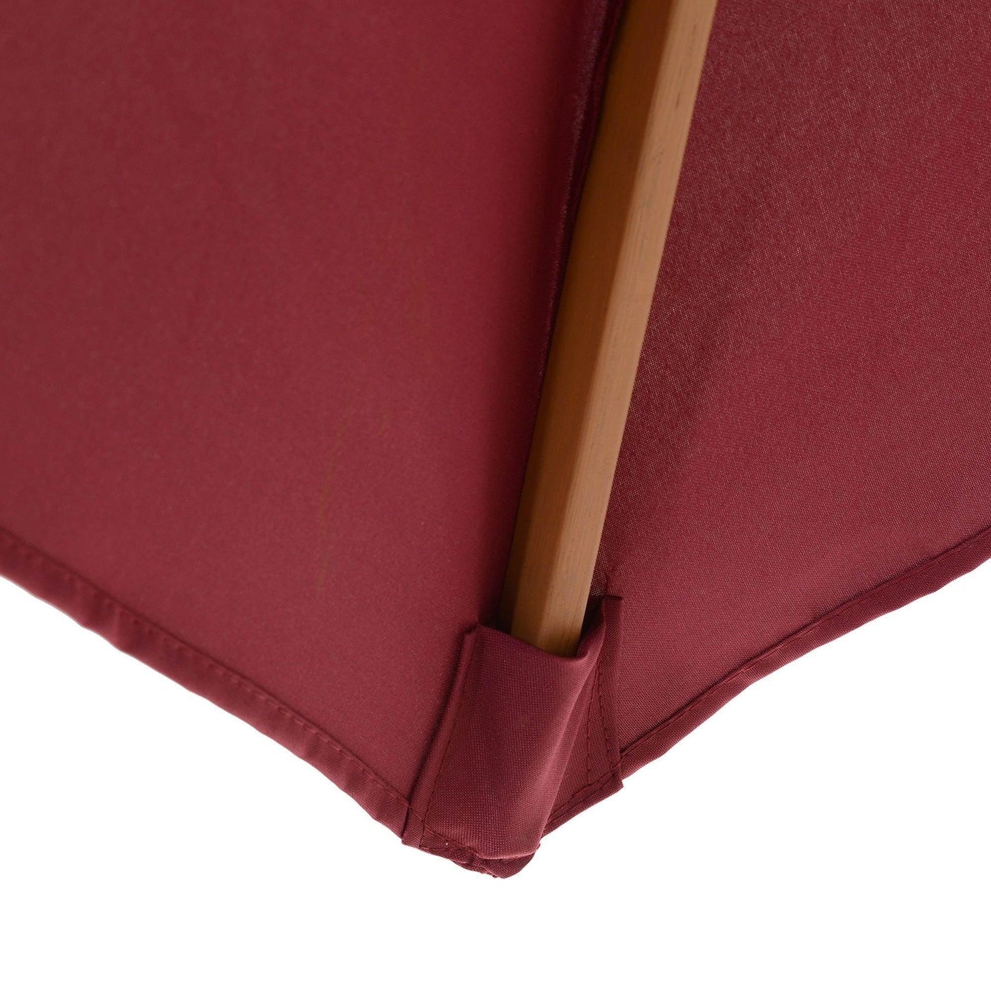 Close-up of wooden frame and red wine fabric of garden parasol umbrella from ALL4U RETAILER LTD