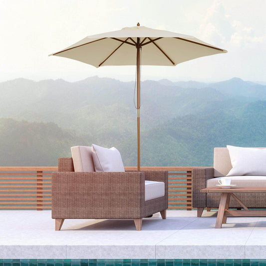 Beige wooden garden parasol with rattan outdoor furniture by a pool, mountain view terrace
