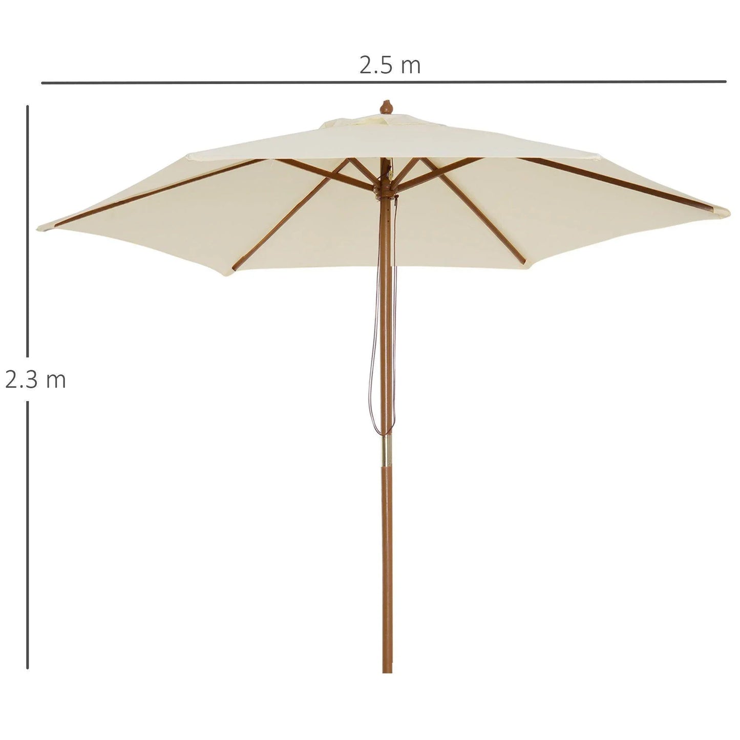 Beige 2.5m wooden garden parasol with brown pole, shade for outdoor patio or garden