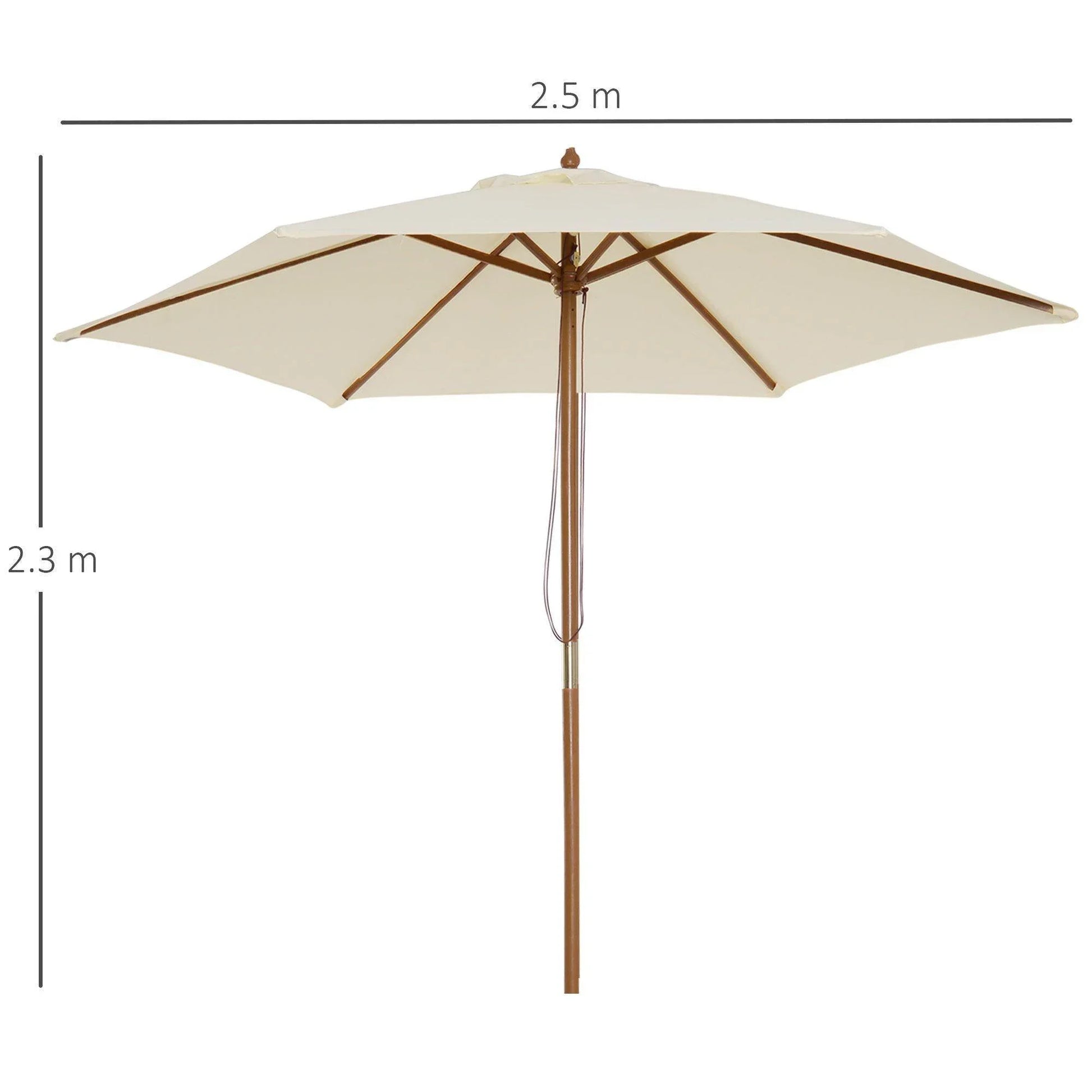 Beige 2.5m wooden garden parasol with brown pole, shade for outdoor patio or garden