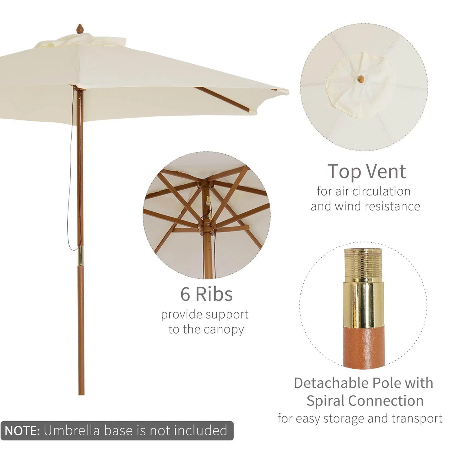 Beige wooden garden parasol with top vent, 6 ribs, and detachable pole, sold by ALL4U RETAILER LTD.