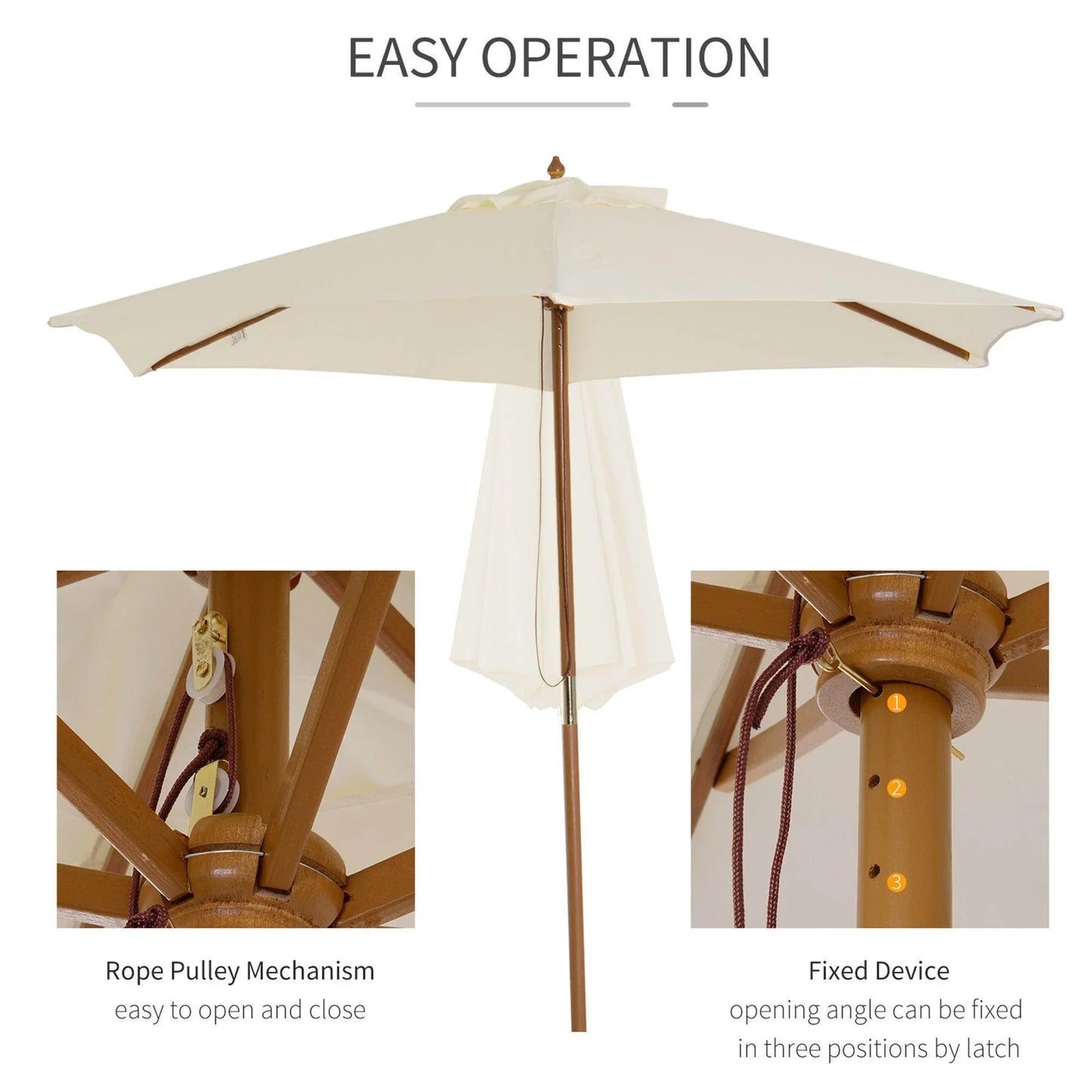 Beige wooden garden parasol with rope pulley and fixed latch mechanism, easy operation, ALL4U RETAILER LTD home and garden product.