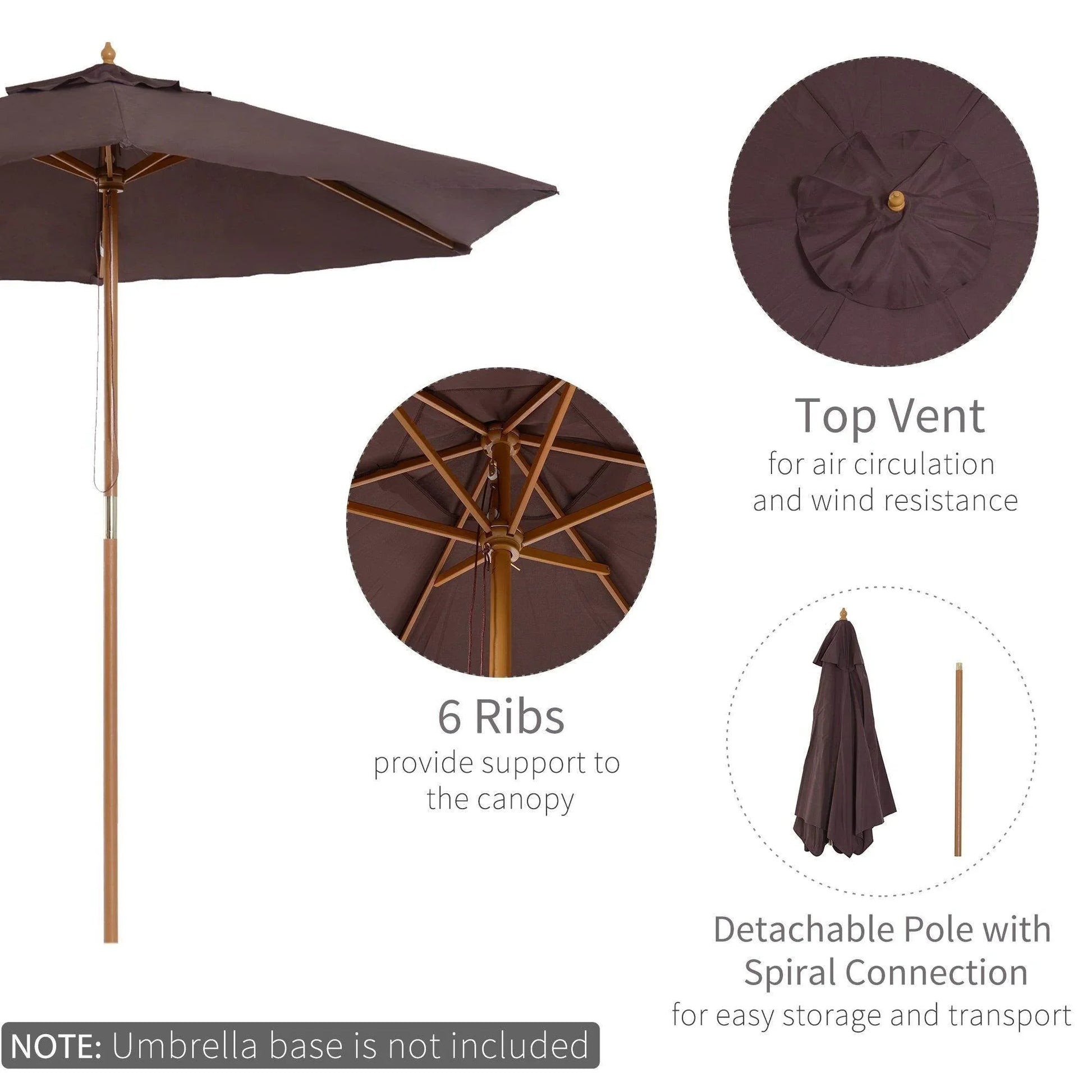 Wooden garden parasol in coffee color with top vent, 6-rib canopy, detachable pole, sold by ALL4U RETAILER LTD.