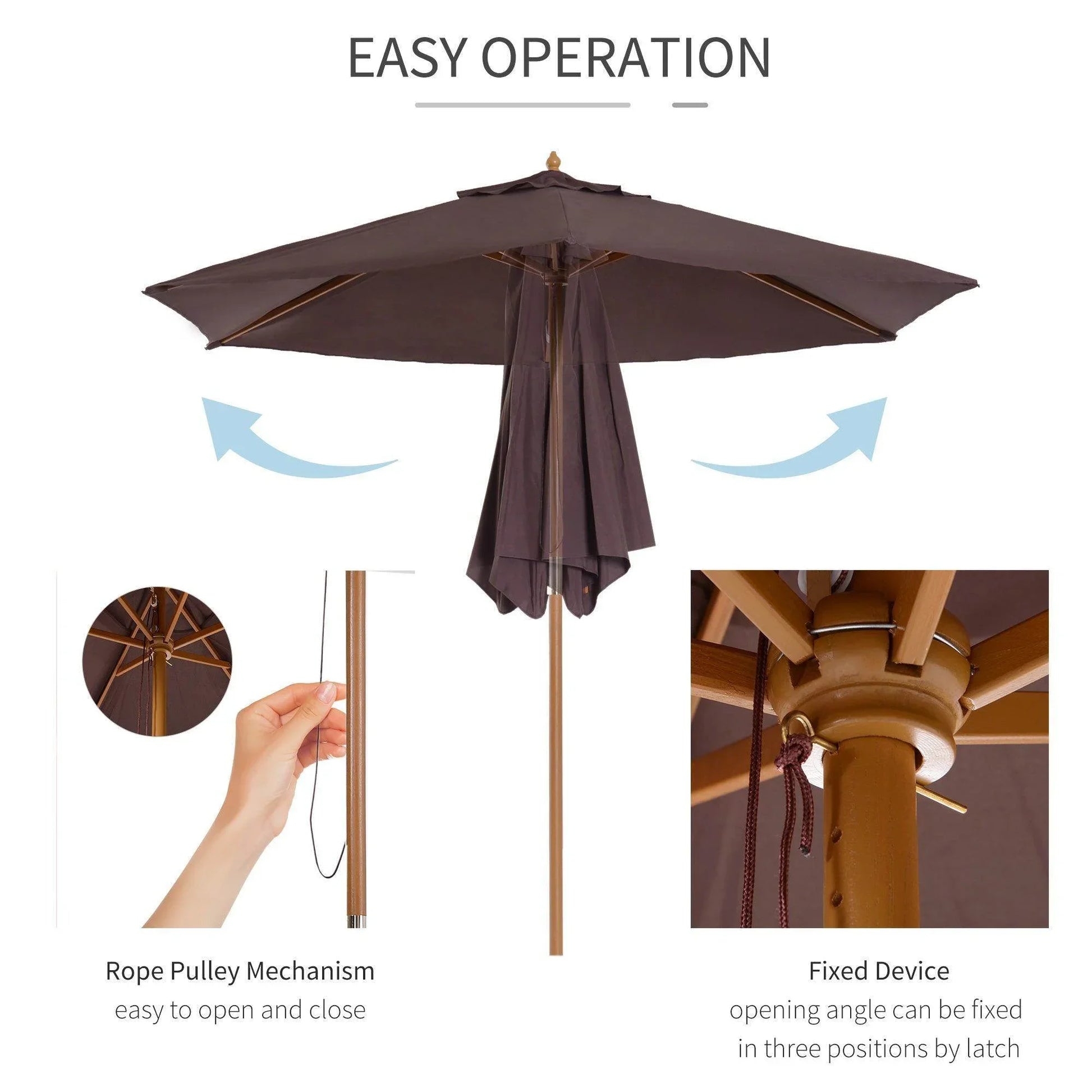 Outsunny 2.5m wooden garden parasol in coffee color with rope pulley and latch for easy operation