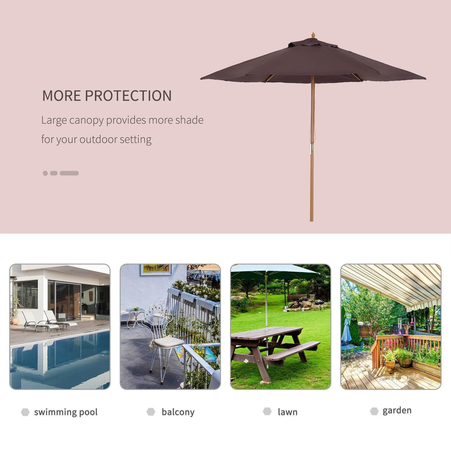 Outsunny 2.5m wooden garden parasol in coffee color, ideal for lawn, balcony, pool, or patio.