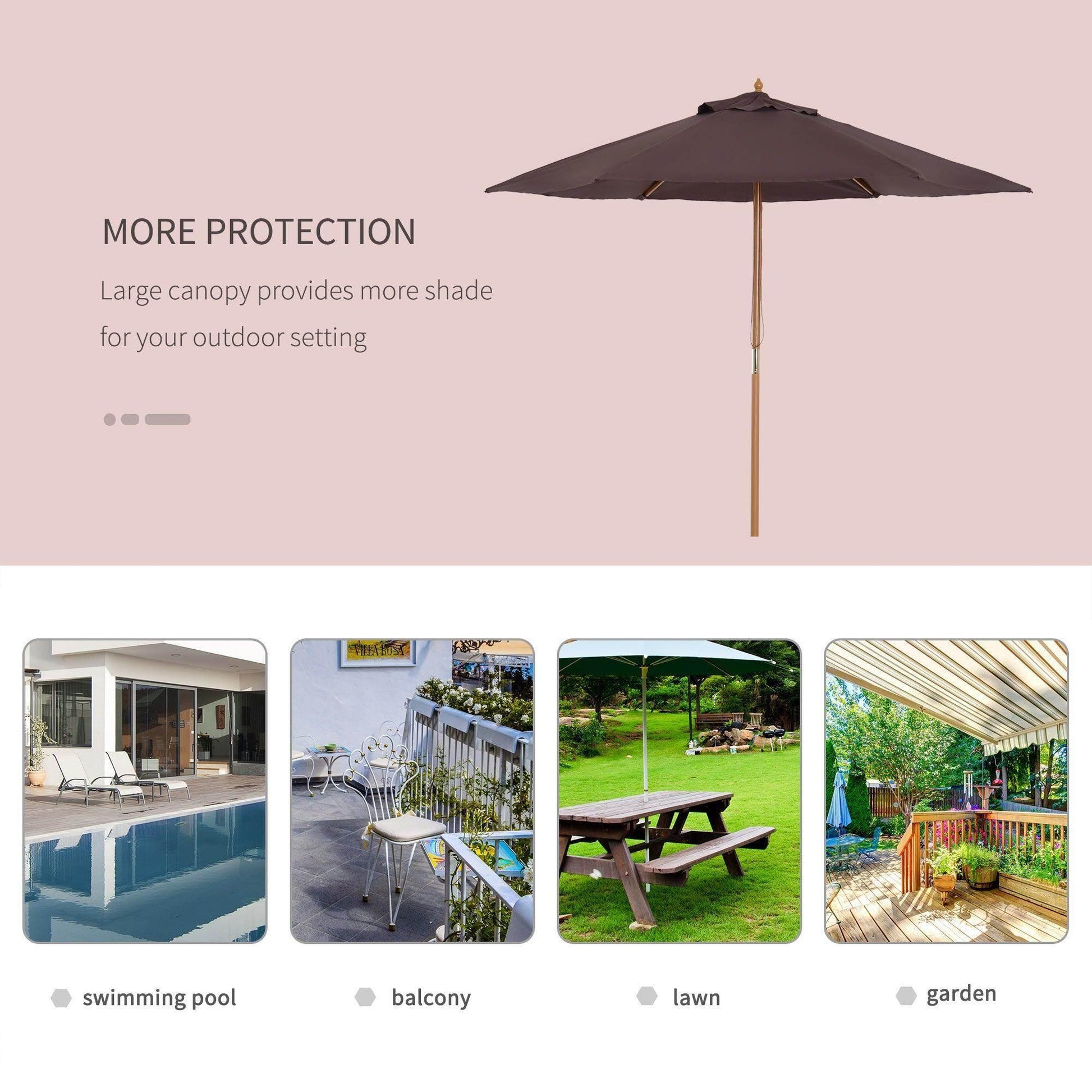 Outsunny 2.5m wooden garden parasol in coffee color, ideal for lawn, balcony, pool, or patio.